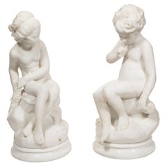 Charming Pair of Italian Carrara Marble Figures of Children, 19th Century