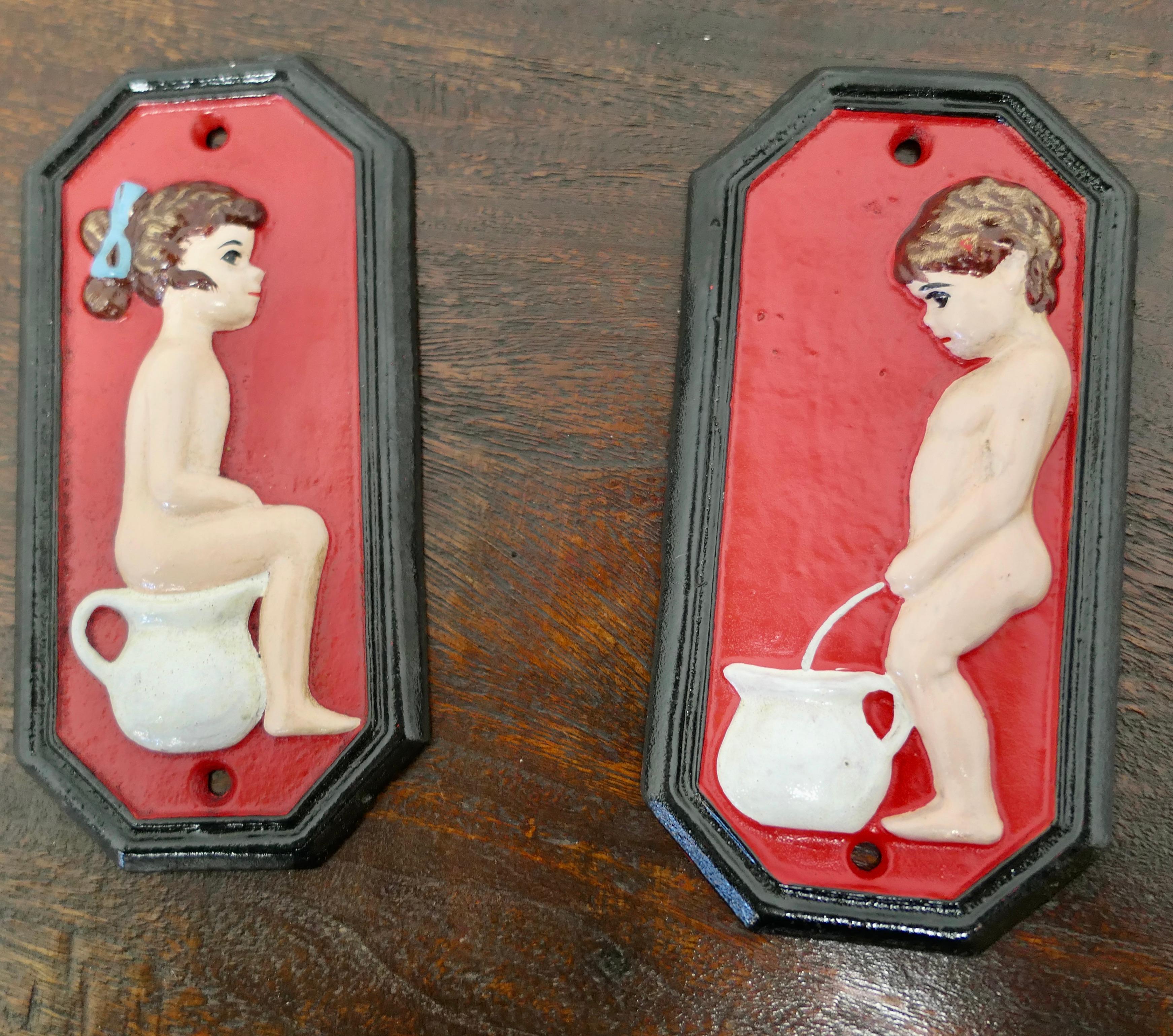 A charming pair of male and female Toilet Signs

Ladies and Gentlemen, Boys and Girls no home should be without these, painted Cast iron Loo signs 

The signs are 7” high, 3.5” wide and 1” thick, painted in bright red with very little