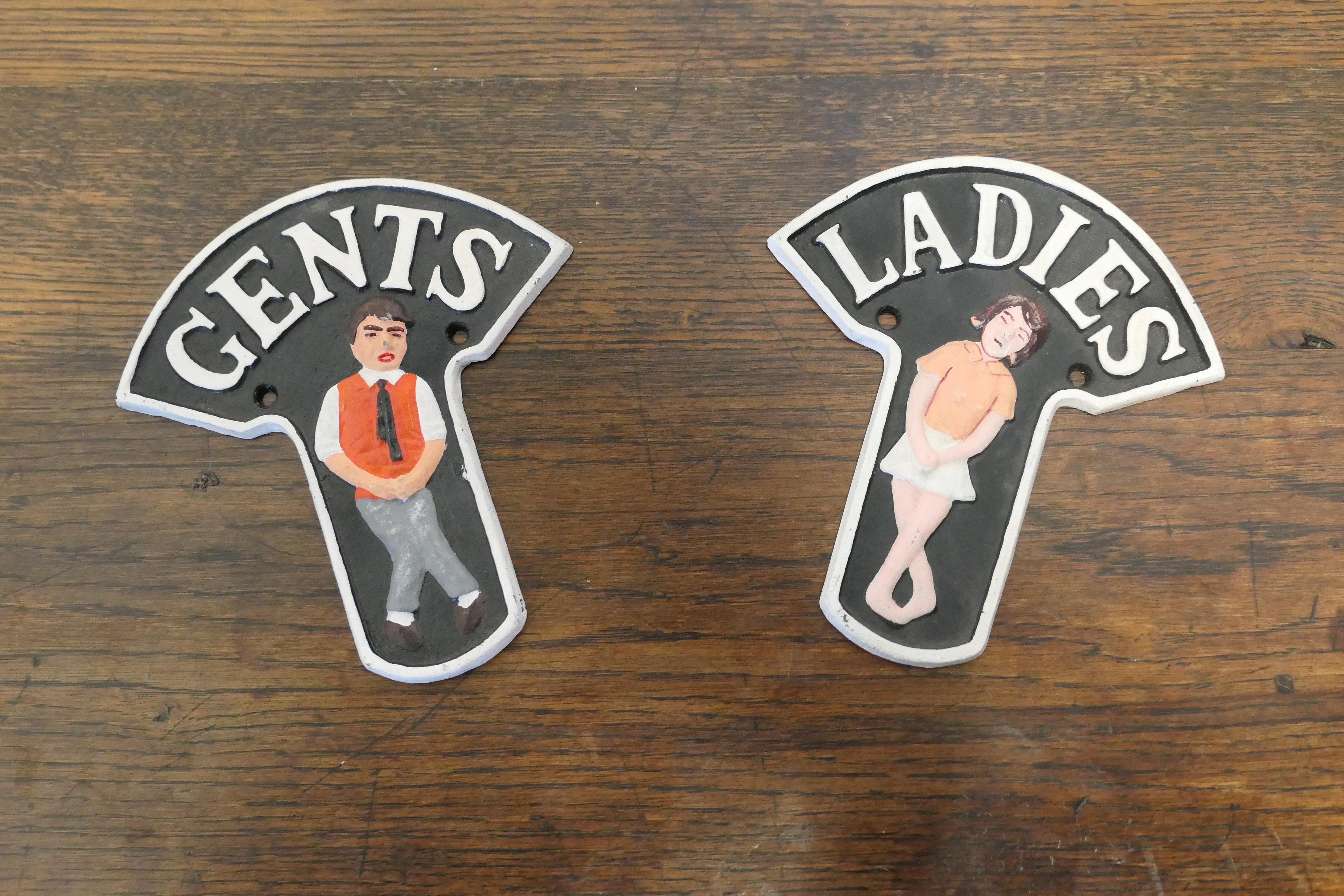 A Charming pair of Male and Female Toilet Signs

Ladies and Gentlemen, Boys and Girls no home should be without these, painted Quirky Cast Iron Loo signs 

The signs are 7.5” high, 7” wide and .5” thick 
CC145.