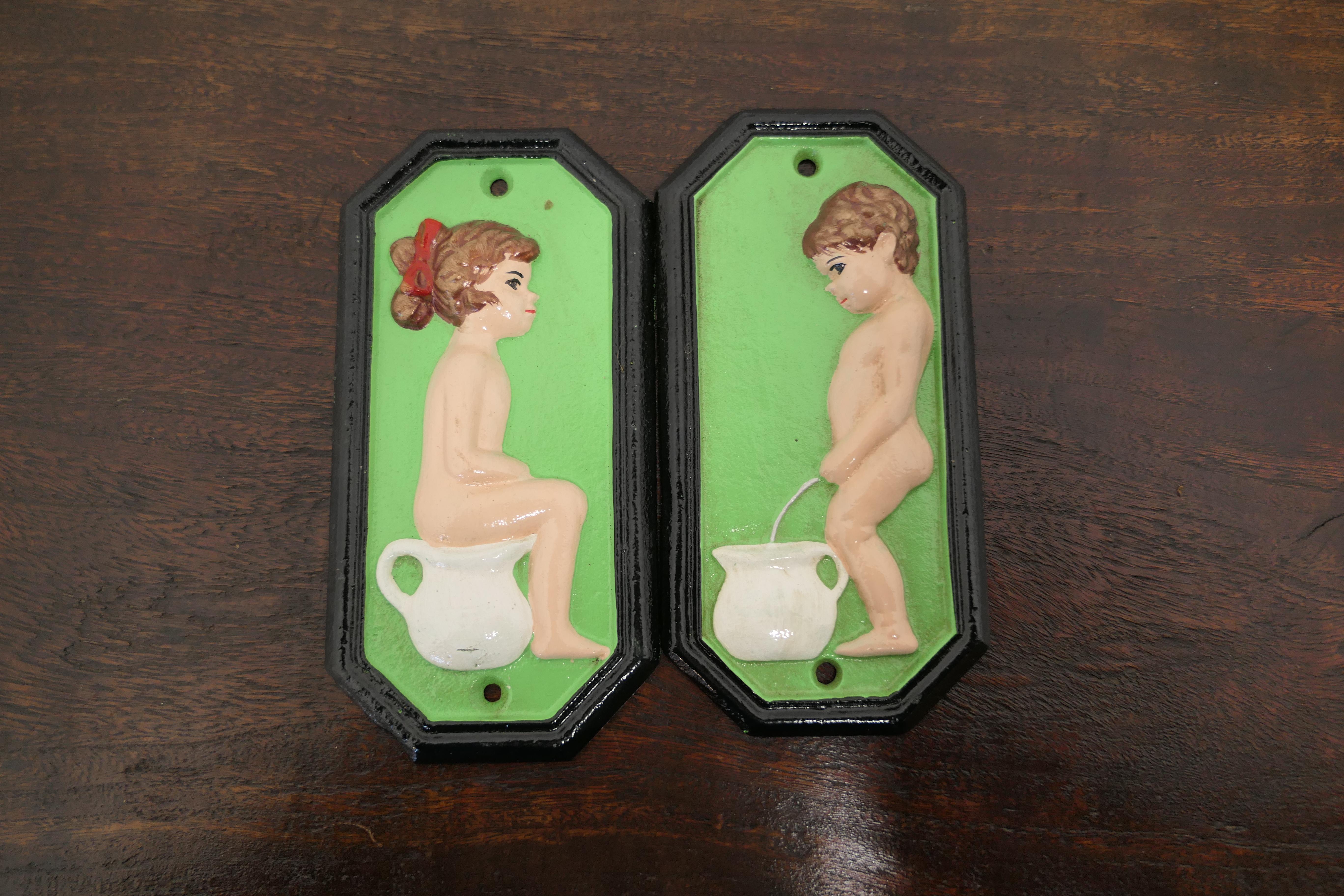 Arts and Crafts Charming Pair of Male and Female Toilet Signs For Sale