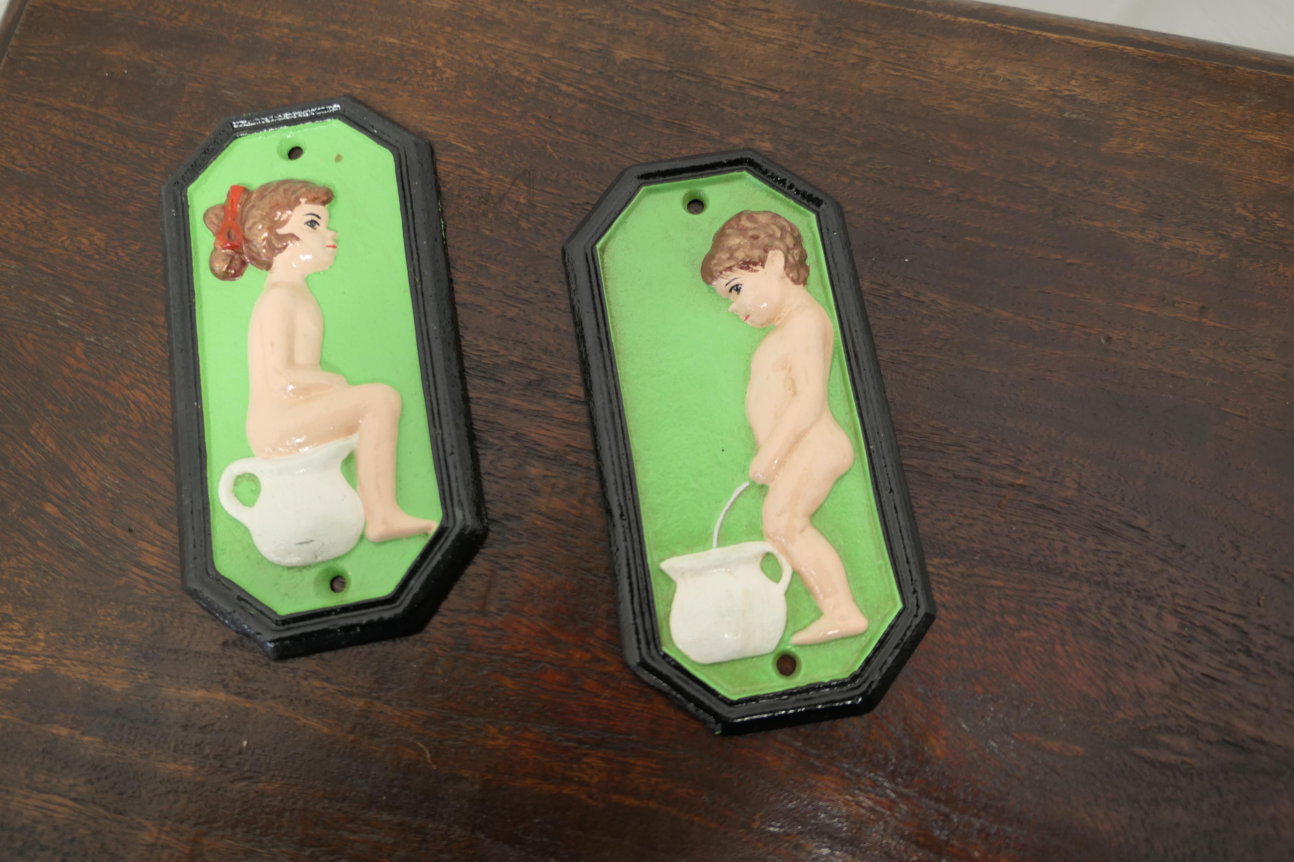 20th Century Charming Pair of Male and Female Toilet Signs For Sale