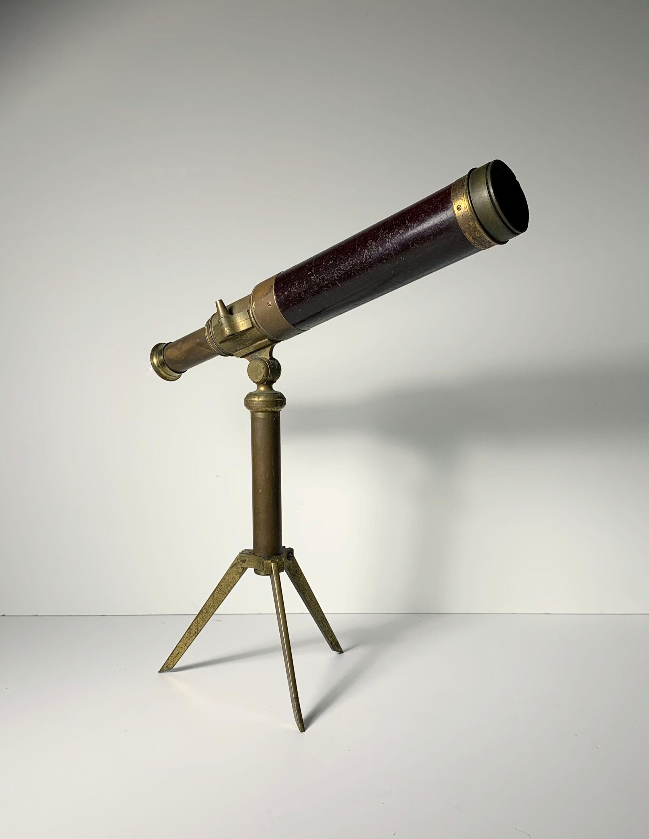 A vintage gentleman's library telescope

Not sure exactly of it's age. Estimated Mid Victorian Period ( 1860-1880). Uncertain to maker and origin.
Has wear overall and missing some components. Purely for decorative appreciation in less one