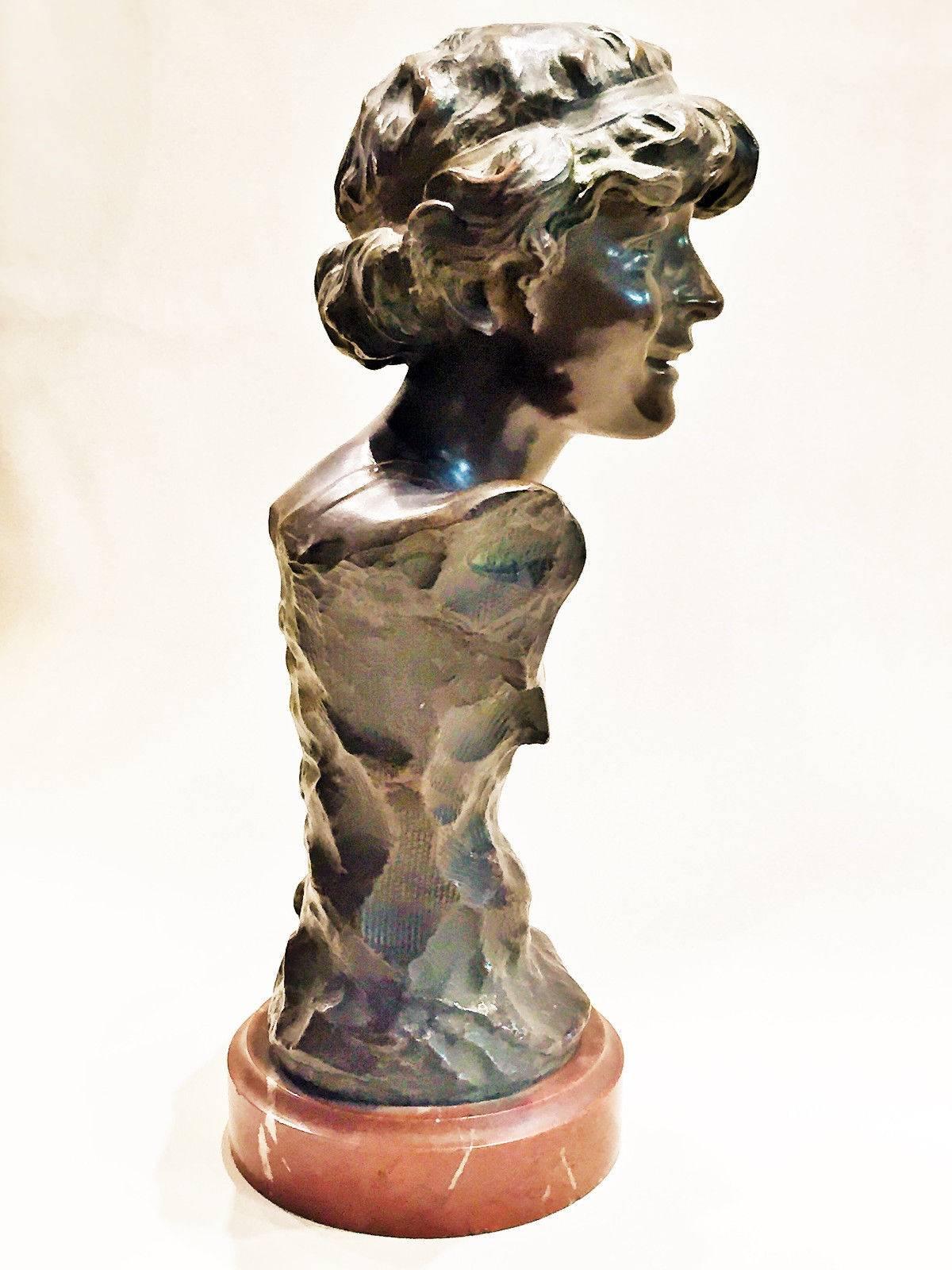 Hand-Crafted A. Charroi, Laughing Girl, French Art Nouveau Bronze and Marble Bust, circa 1900