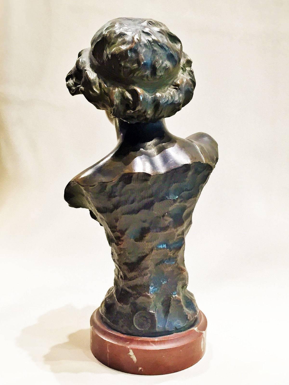 A. Charroi, Laughing Girl, French Art Nouveau Bronze and Marble Bust, circa 1900 In Good Condition In New York, NY