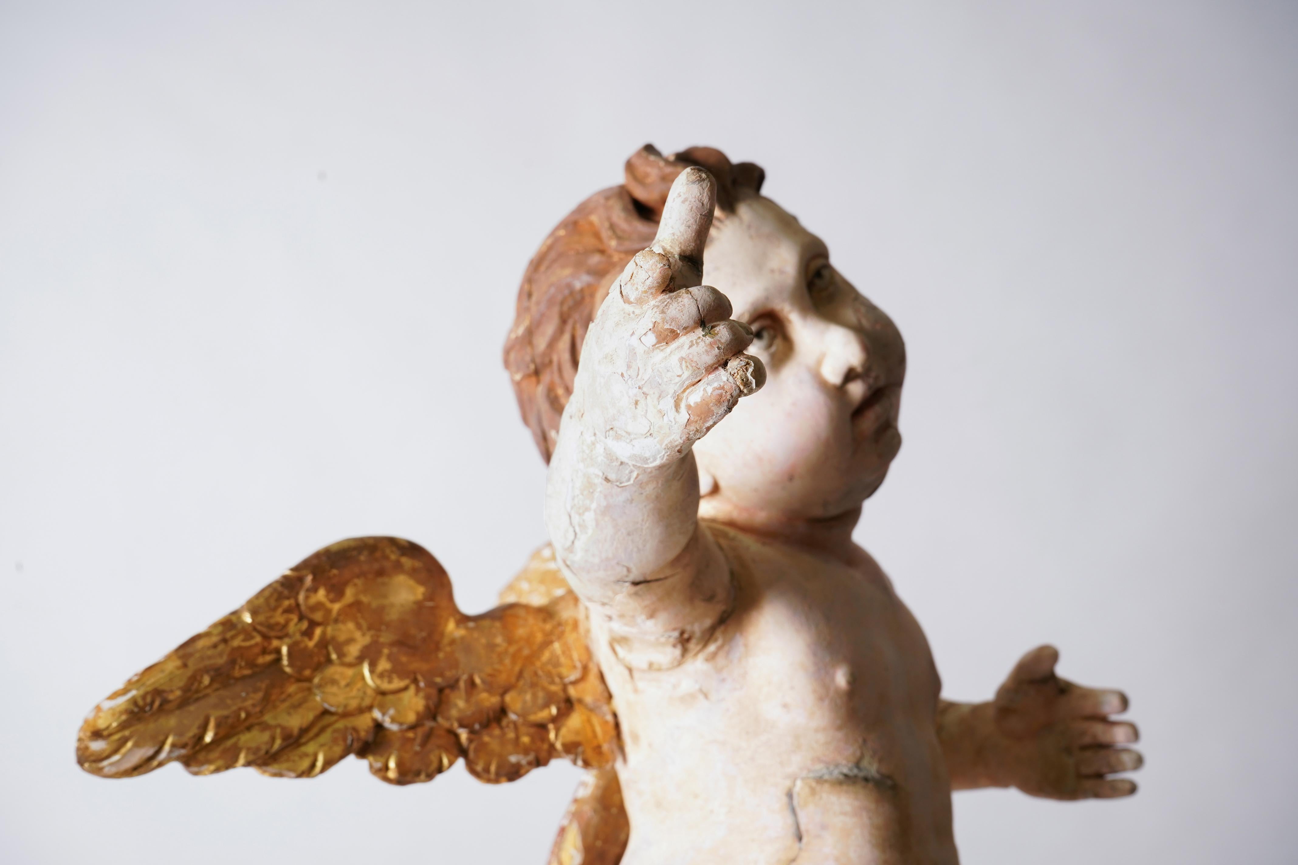 Italian Cherub Carved from Wood with Polychrome & Gilt For Sale