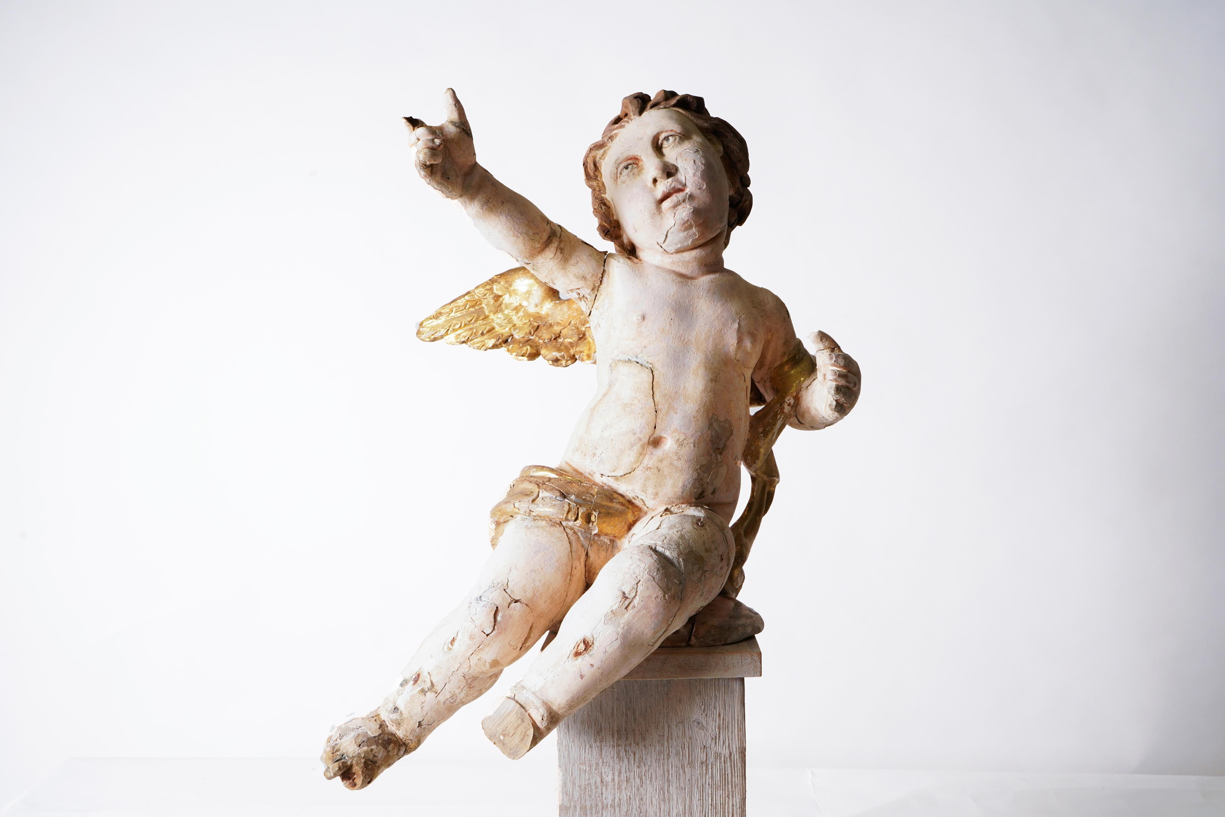 Cherub Carved from Wood with Polychrome & Gilt For Sale 1