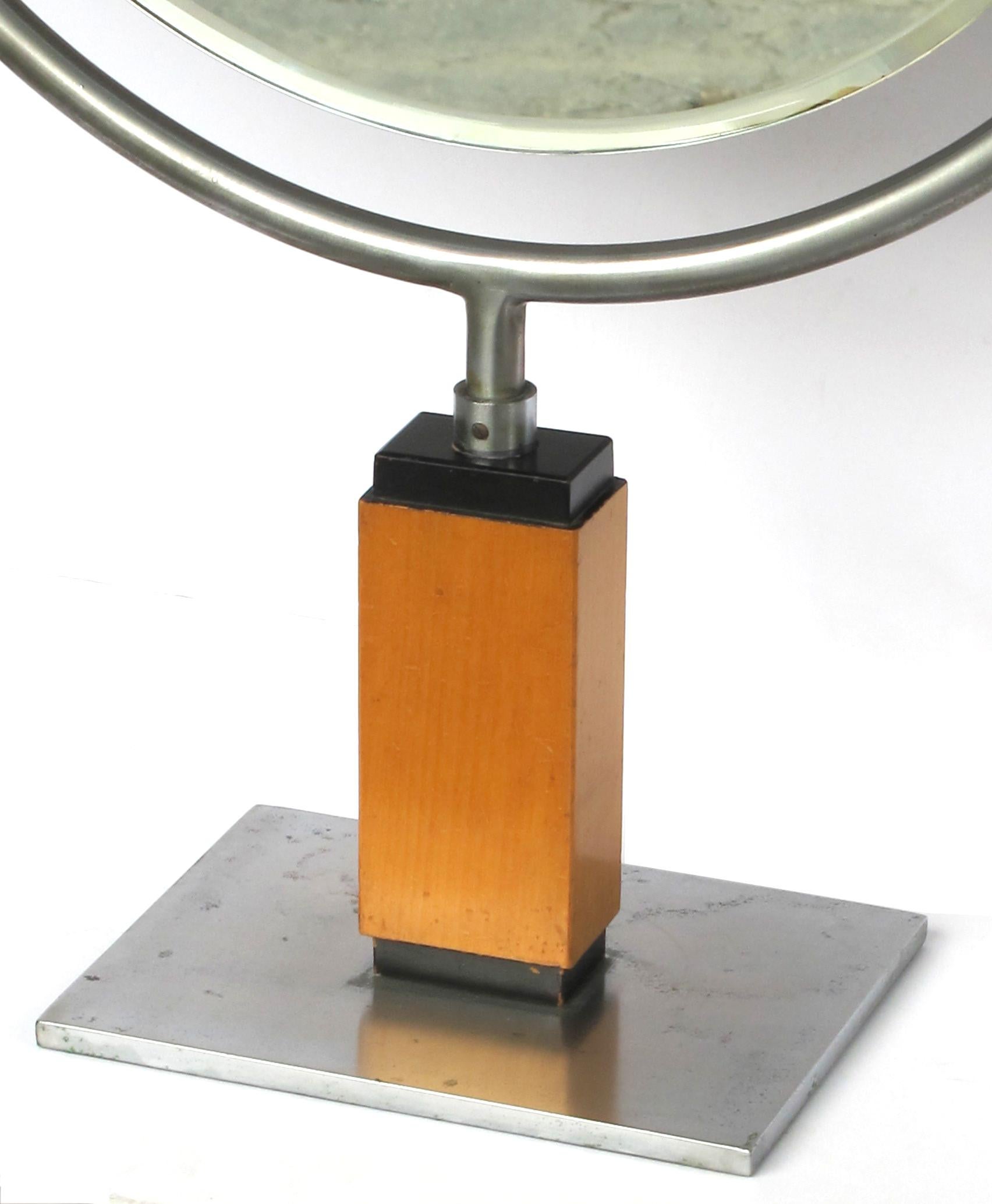Mid-20th Century Chic American Art Deco 1930s Steel Dressing Mirror Raised on a Maplewood Base For Sale
