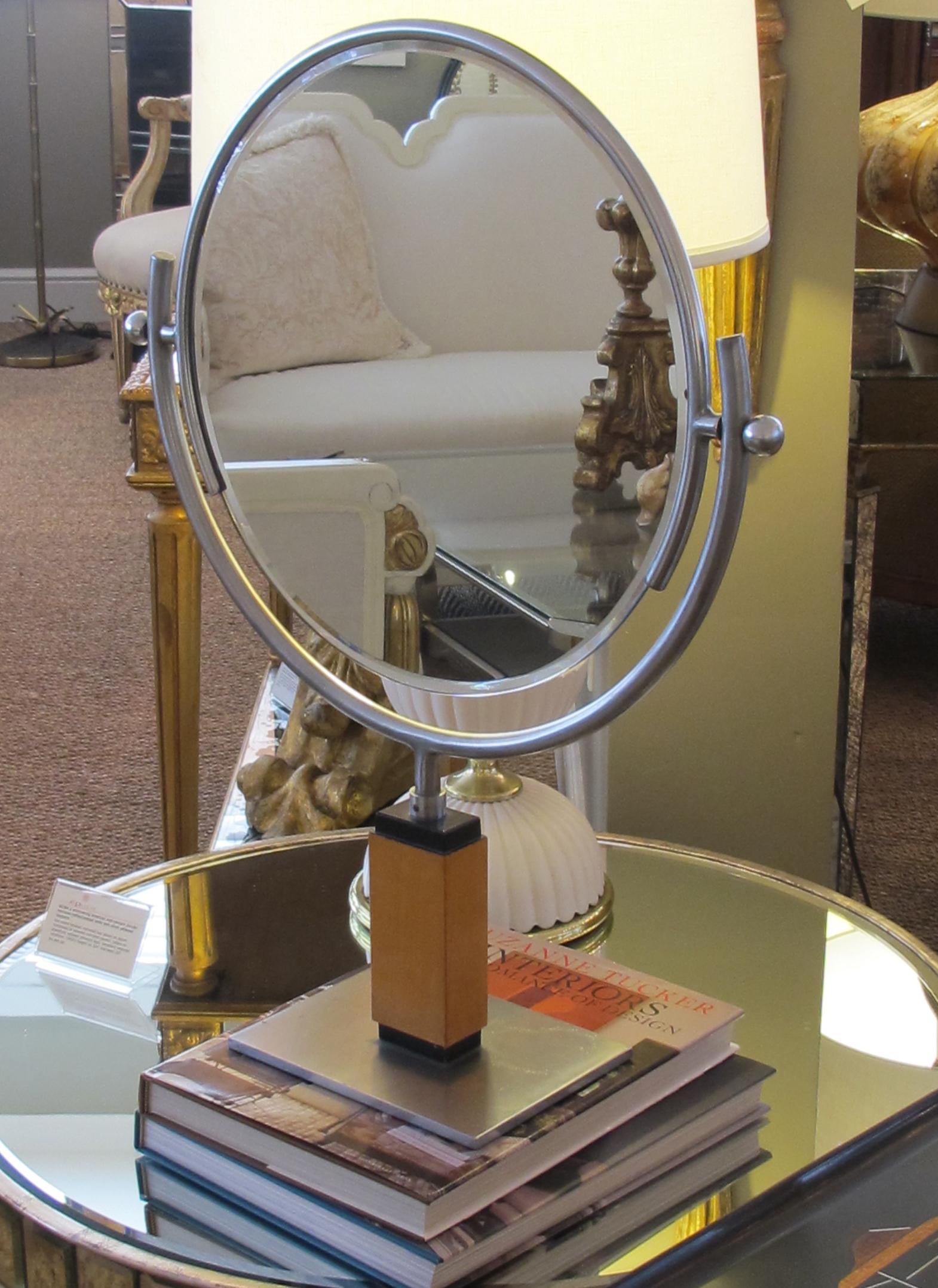 Chic American Art Deco 1930s Steel Dressing Mirror Raised on a Maplewood Base For Sale 2
