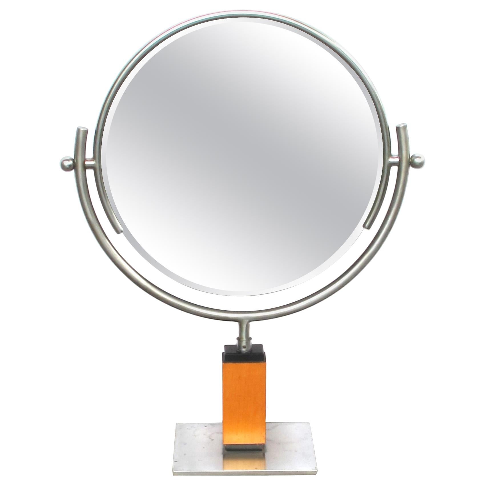 Chic American Art Deco 1930s Steel Dressing Mirror Raised on a Maplewood Base For Sale