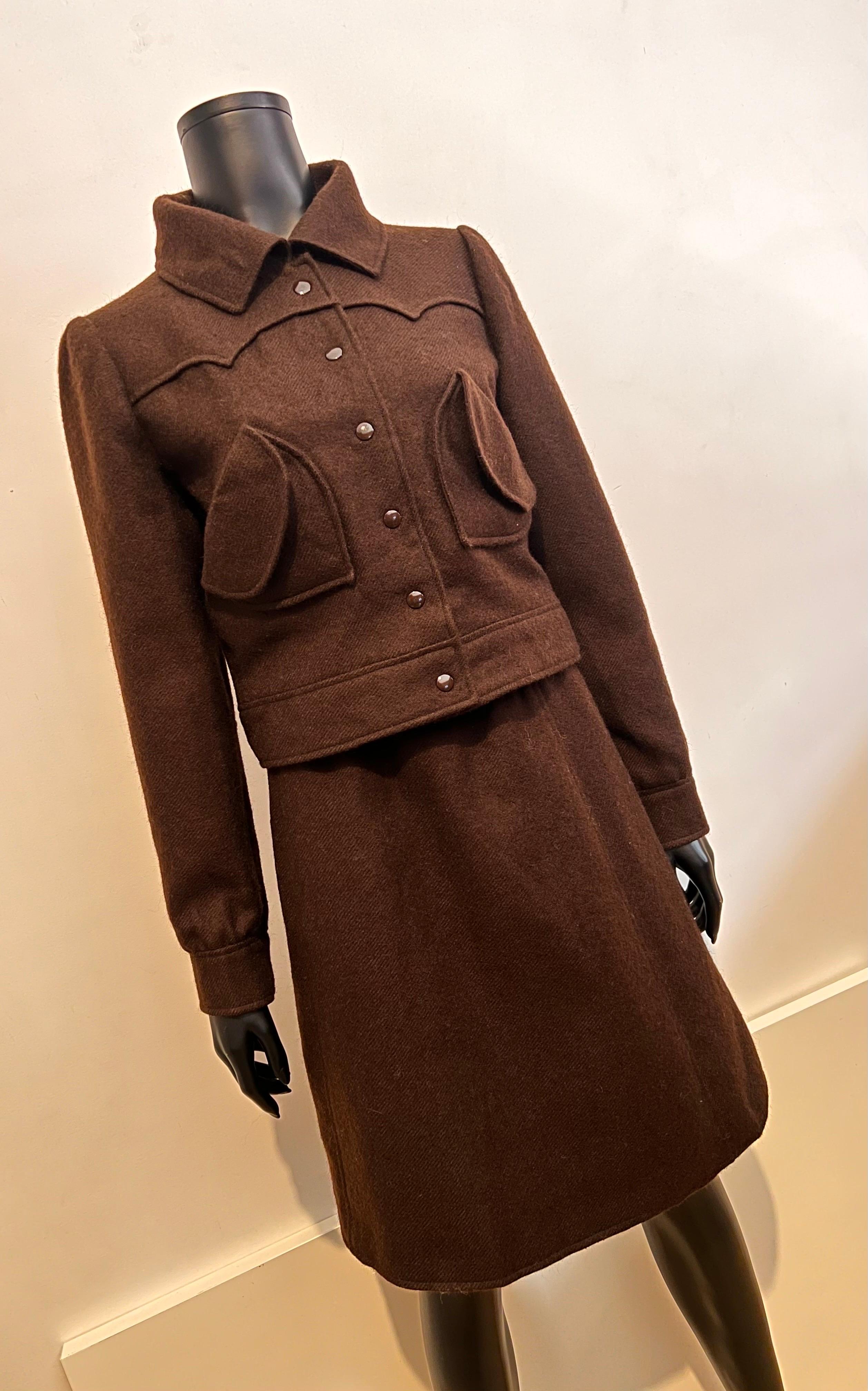 Women's A chic vintage 1970’s Andre Courrèges deep chocolate wool jacket/skirt set 