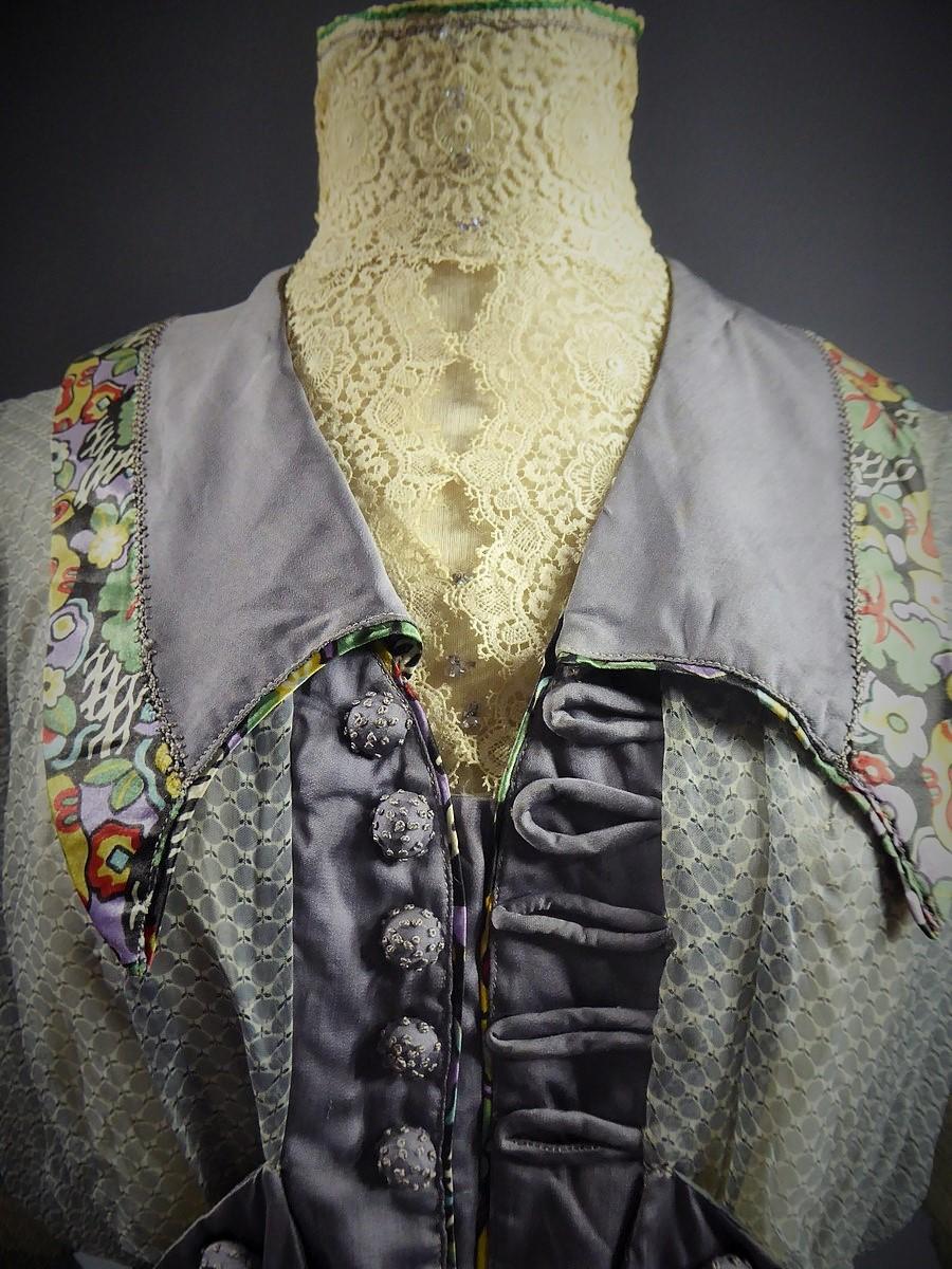 Women's A Chiffon & Printed Satin Edwardian Tea Gown - England Circa 1905 For Sale