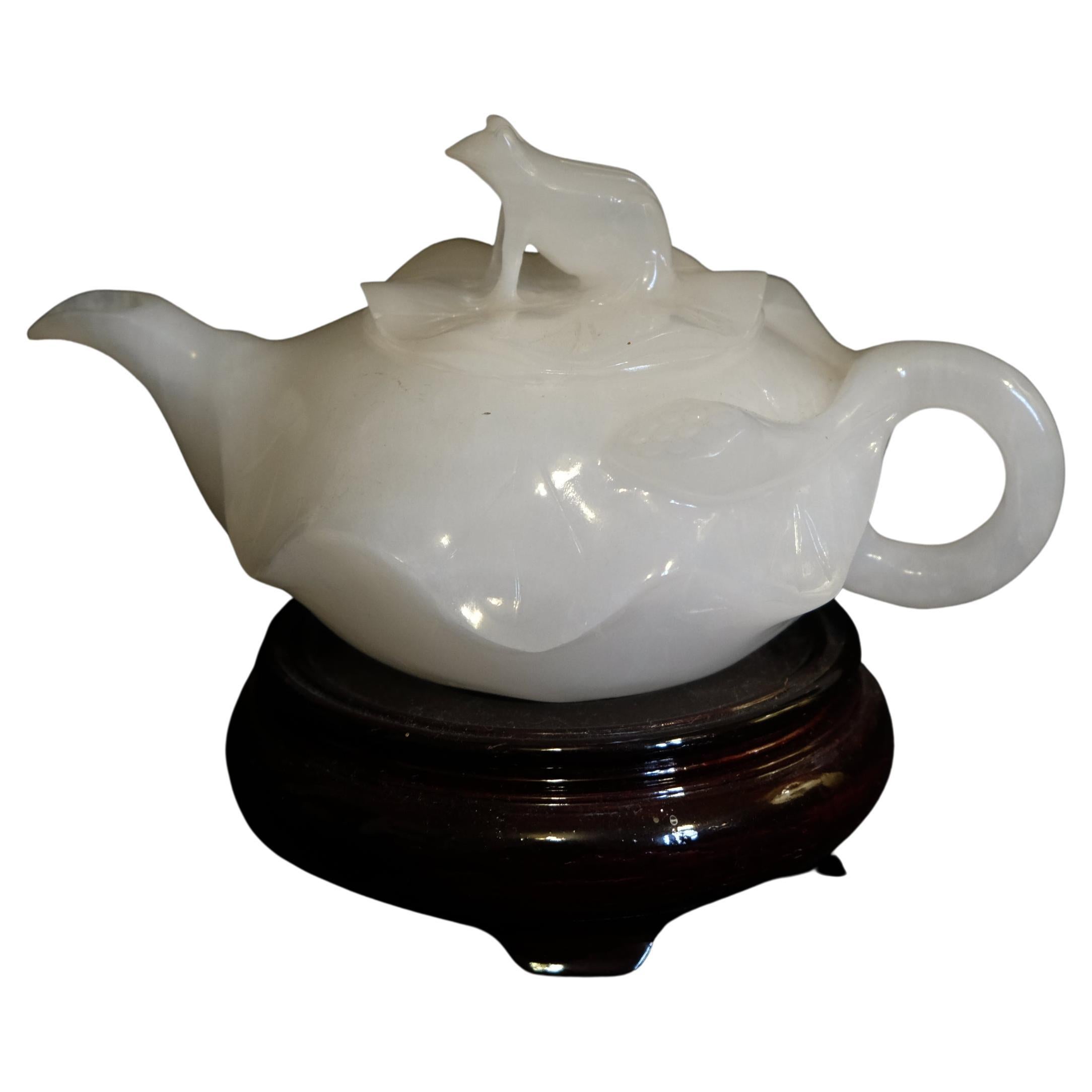Chinese antique Pakistan Jade Teapot with Wood Stand For Sale