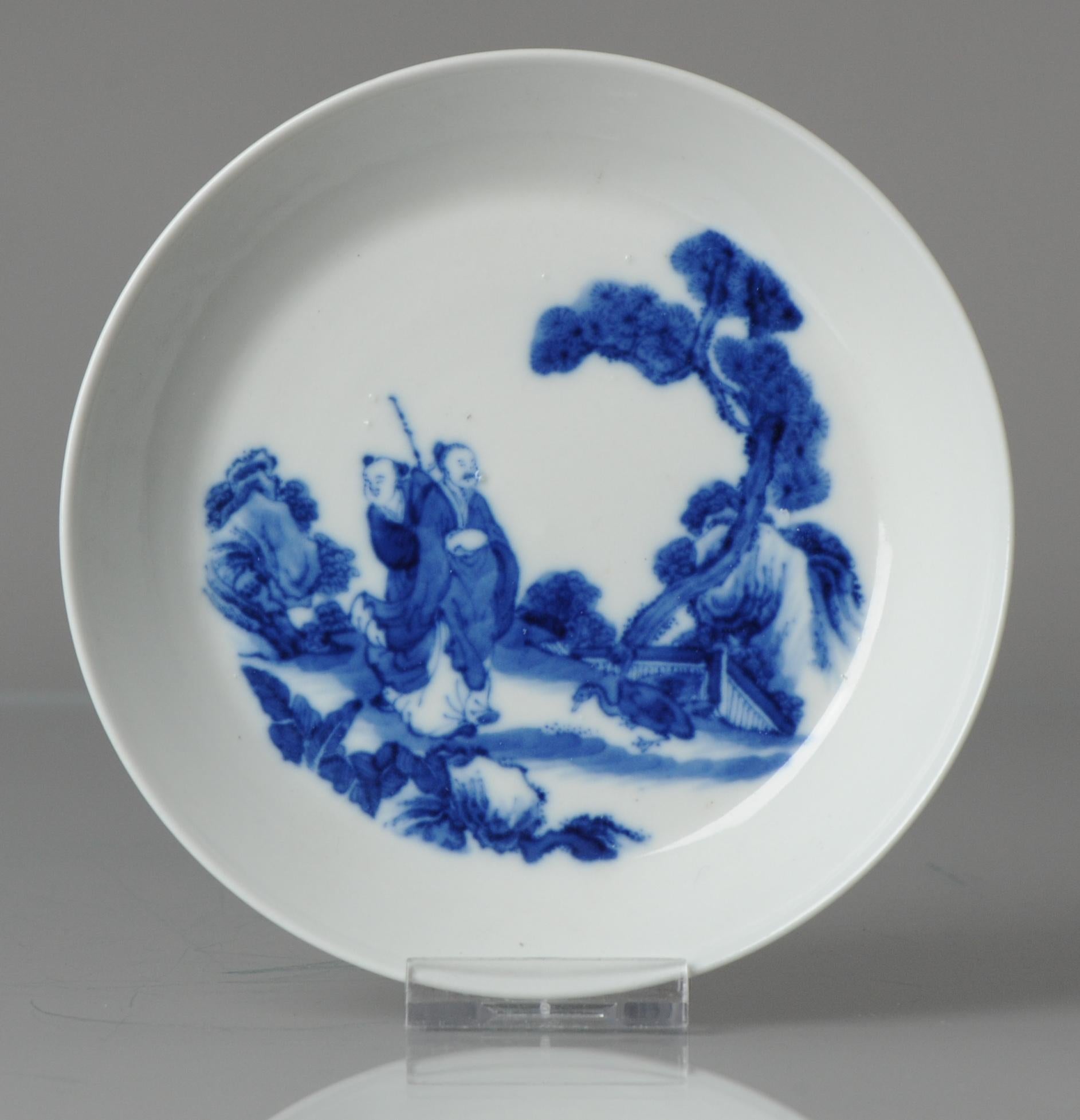 A top quality Chinese porcelain dish/brush washer with, Qing Dynasty
Of shallow conical form with pronounced foot ring, painted with a scene of Wang Xizhi and a boy contemplating a goose on a village path.
Measure: 14cm diameter.

This plate