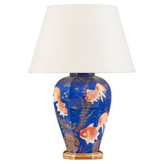Chinese Blue Glaze Lamp with Swimming Carp