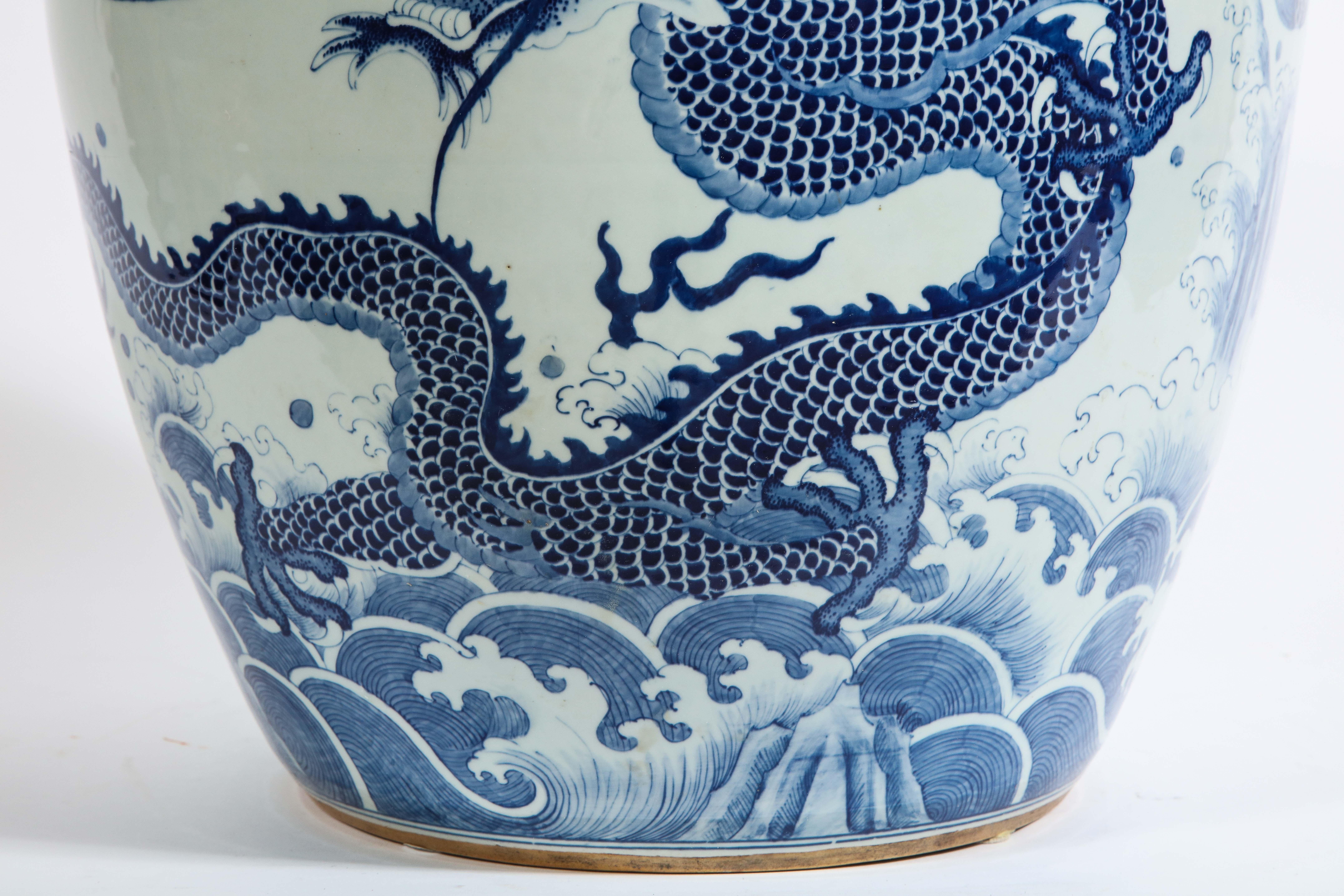 Chinese Blue and White Porcelain Dragon & Koi Design Painted Jardiniere/Planter 3