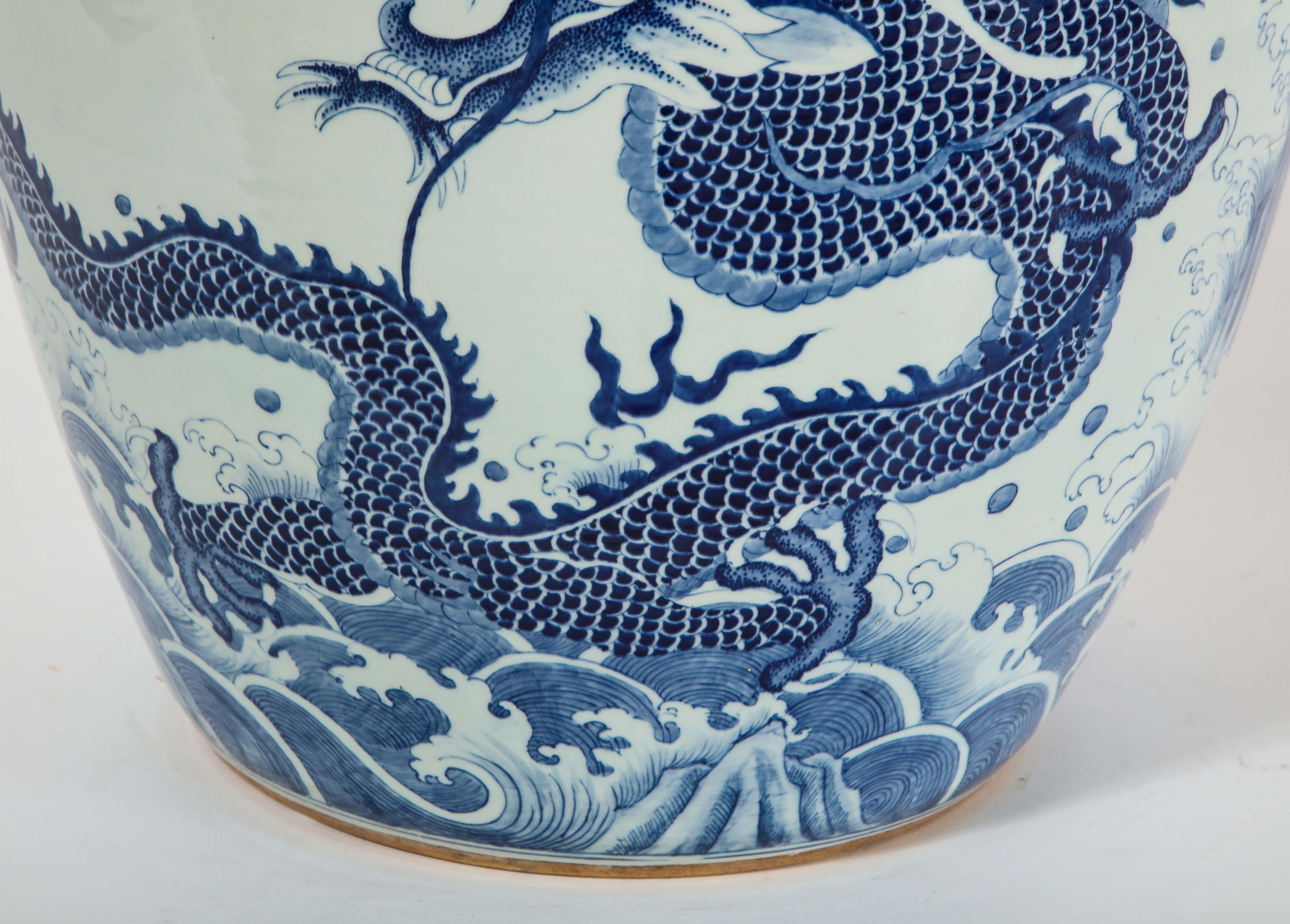 Chinese Blue and White Porcelain Dragon & Koi Design Painted Jardiniere/Planter 4