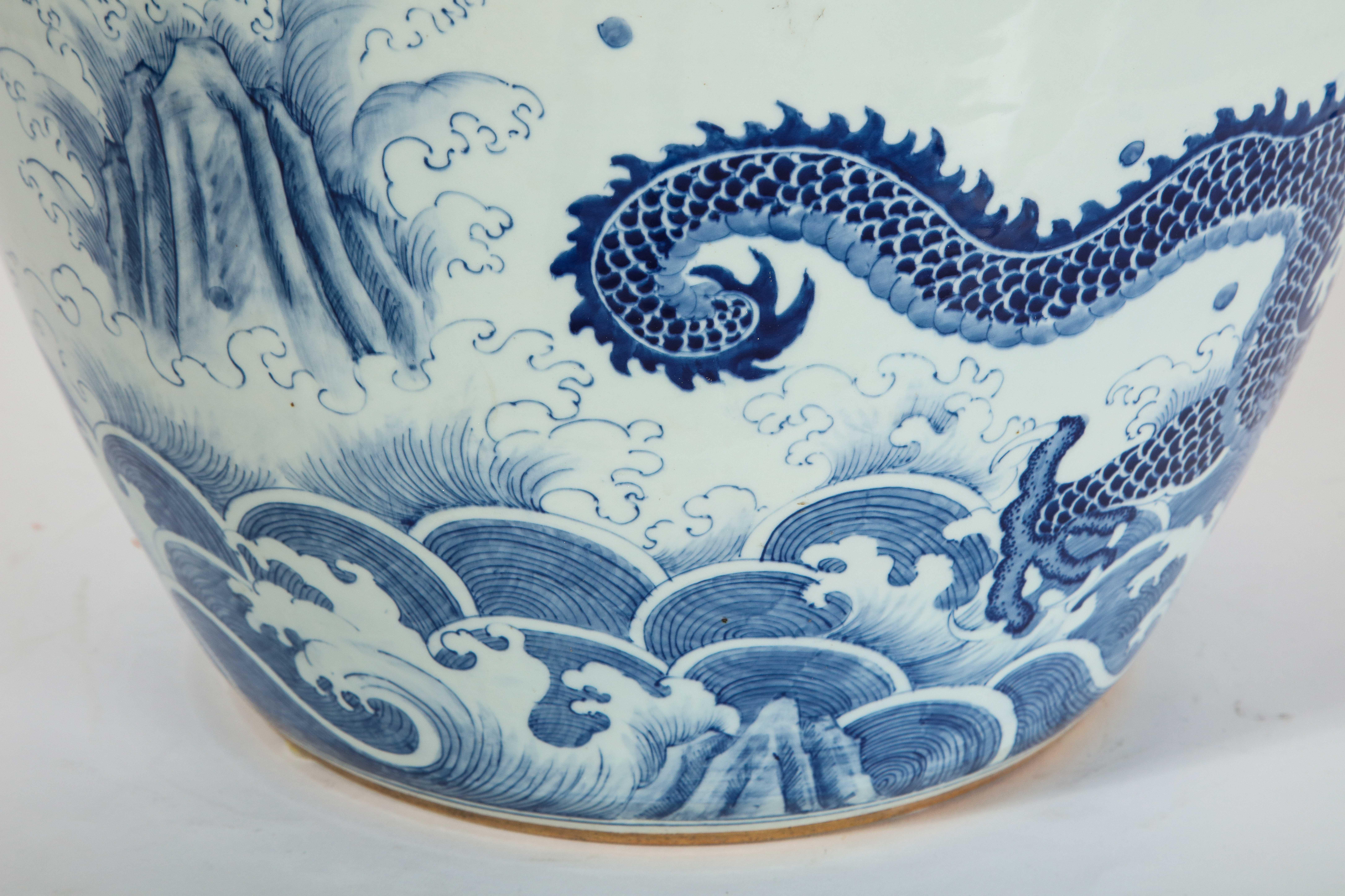 Chinese Blue and White Porcelain Dragon & Koi Design Painted Jardiniere/Planter 5