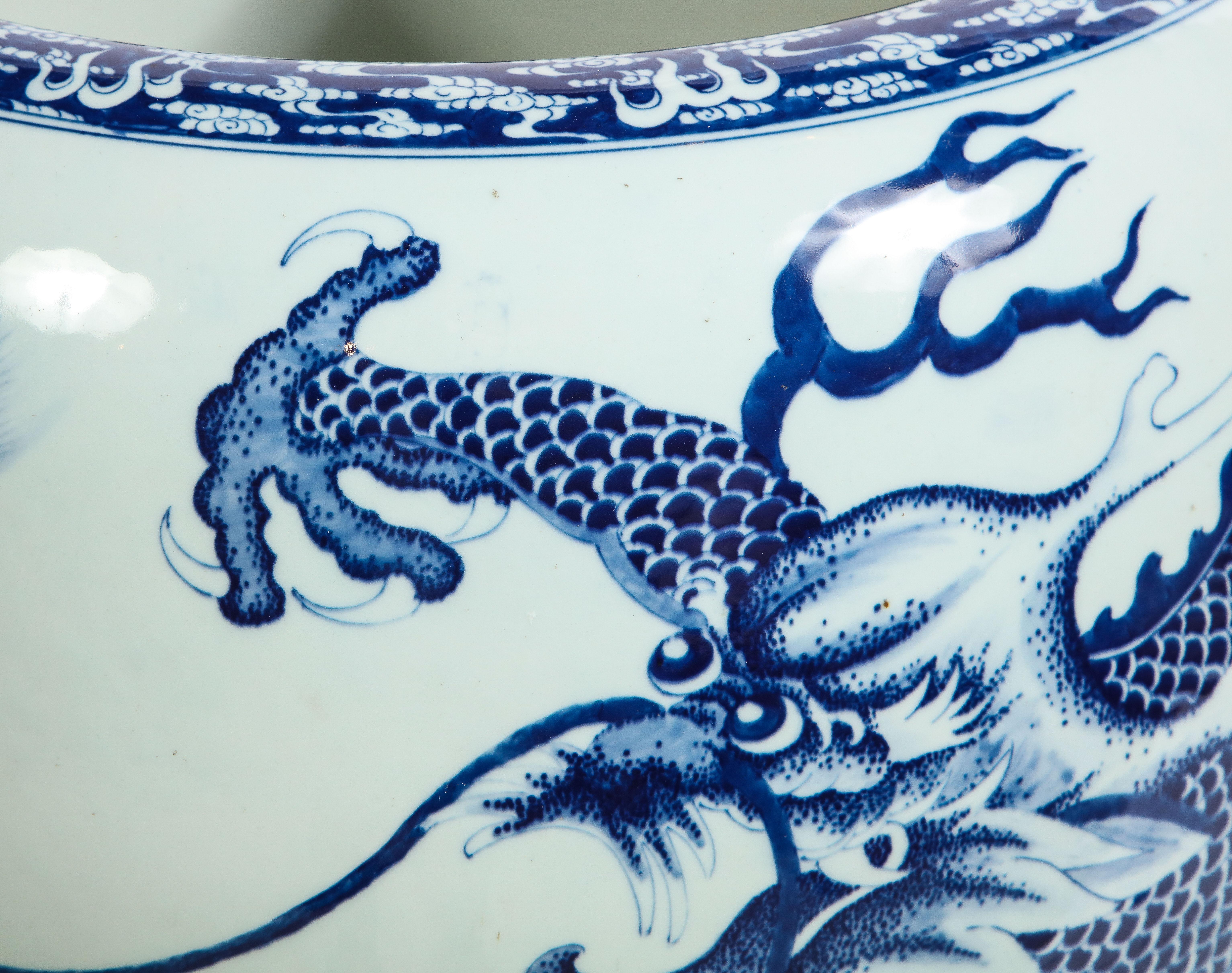 Chinese Blue and White Porcelain Dragon & Koi Design Painted Jardiniere/Planter 6