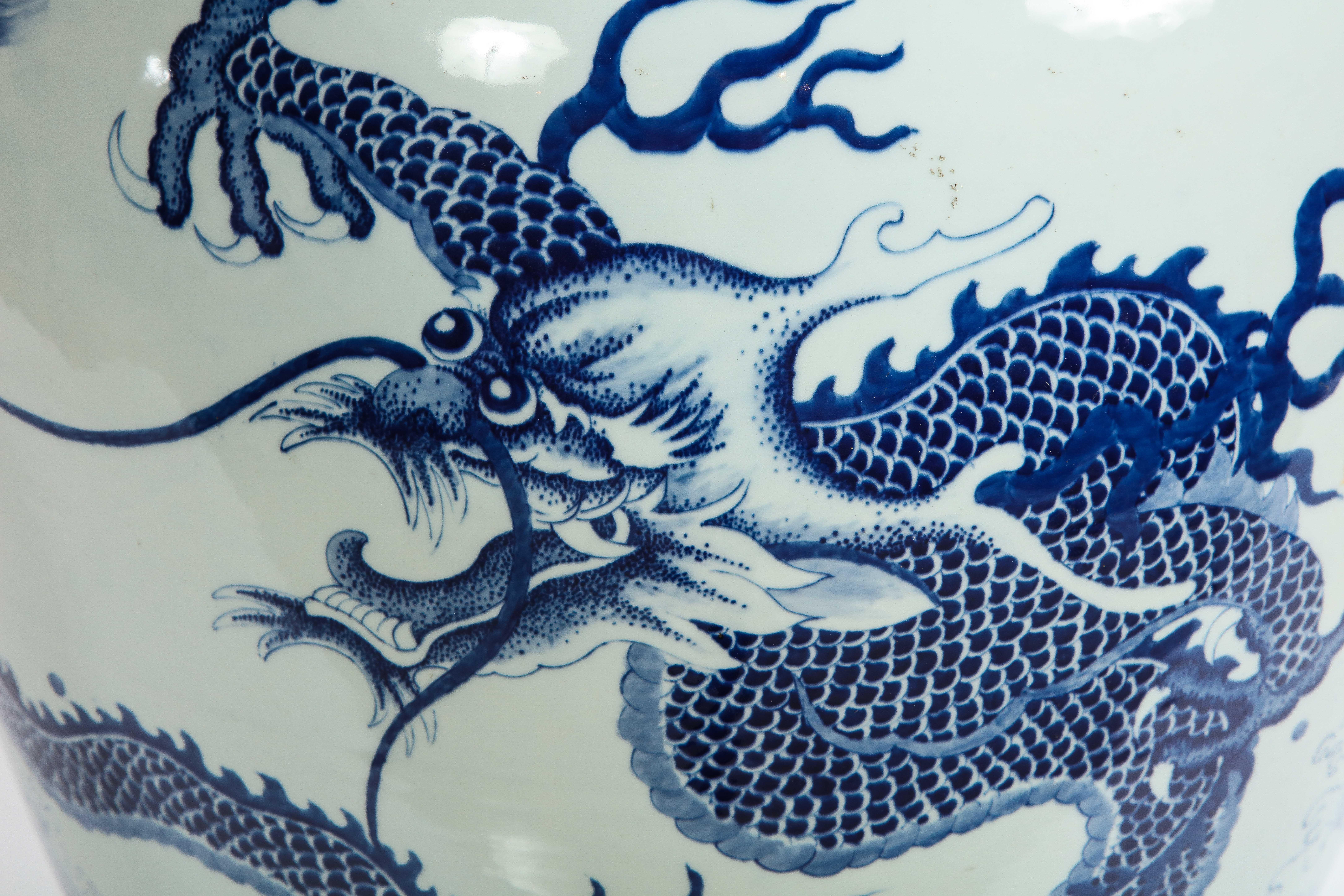 Chinese Export Chinese Blue and White Porcelain Dragon & Koi Design Painted Jardiniere/Planter