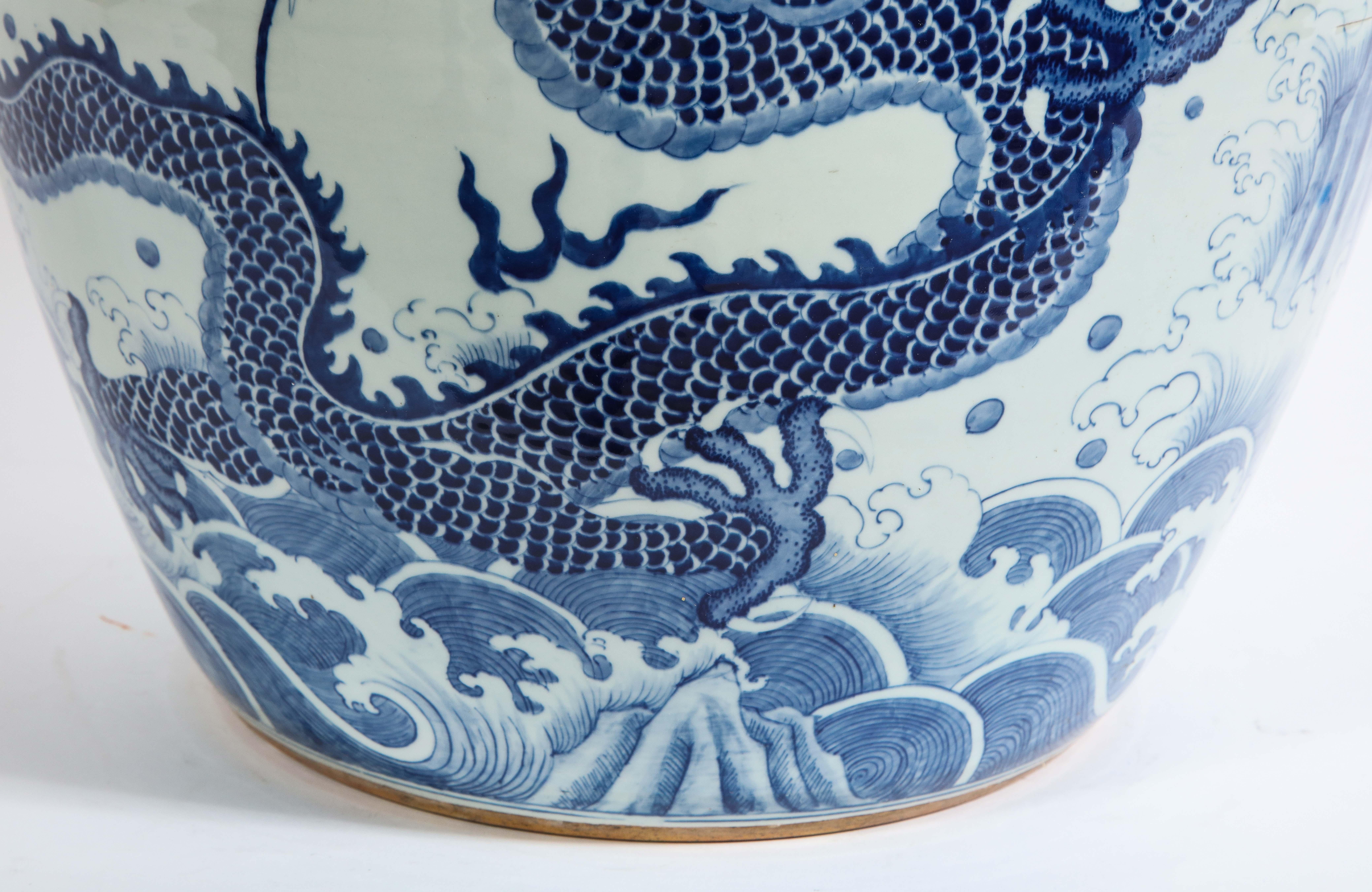 Hand-Painted Chinese Blue and White Porcelain Dragon & Koi Design Painted Jardiniere/Planter