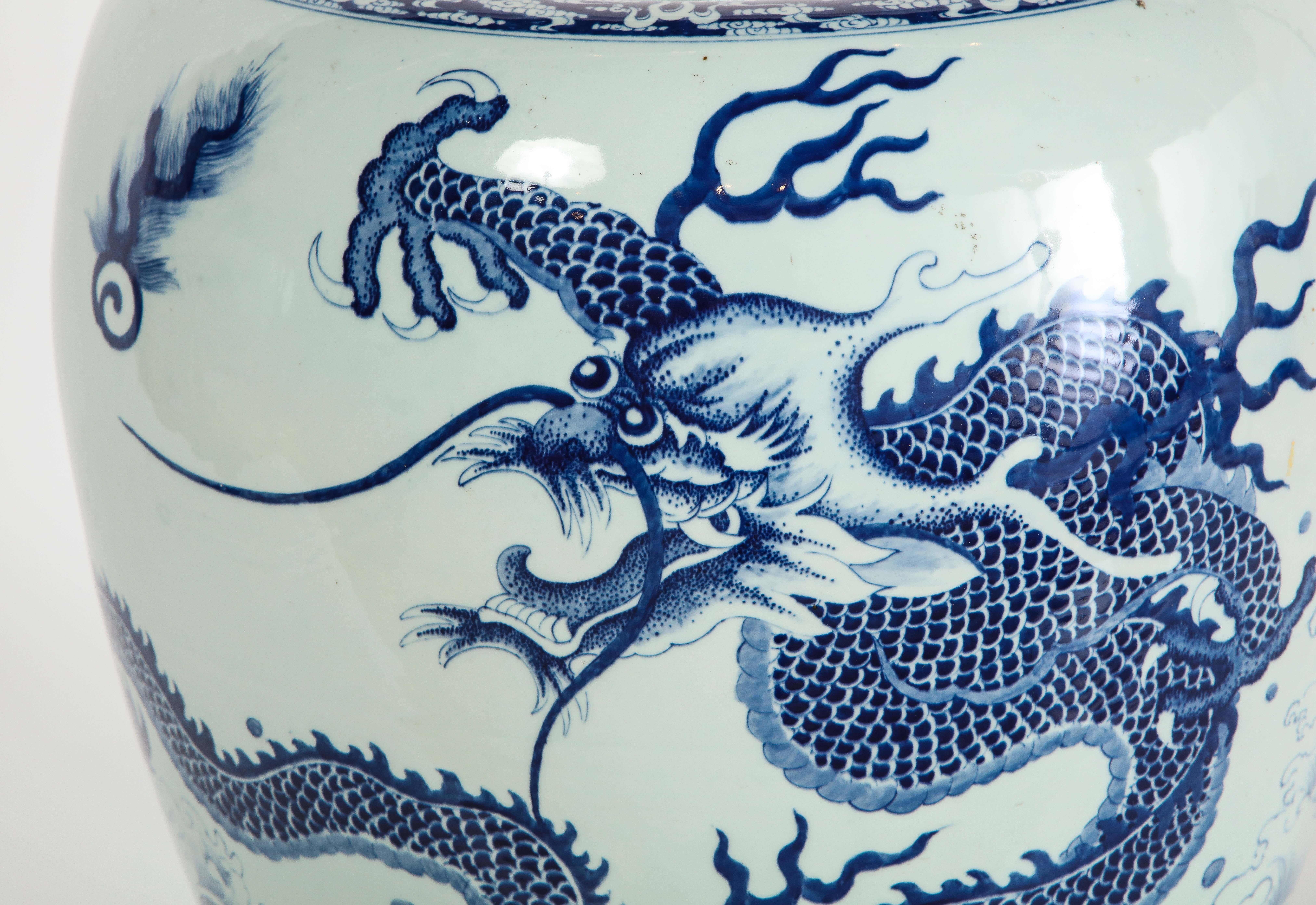 Chinese Blue and White Porcelain Dragon & Koi Design Painted Jardiniere/Planter In Excellent Condition In New York, NY