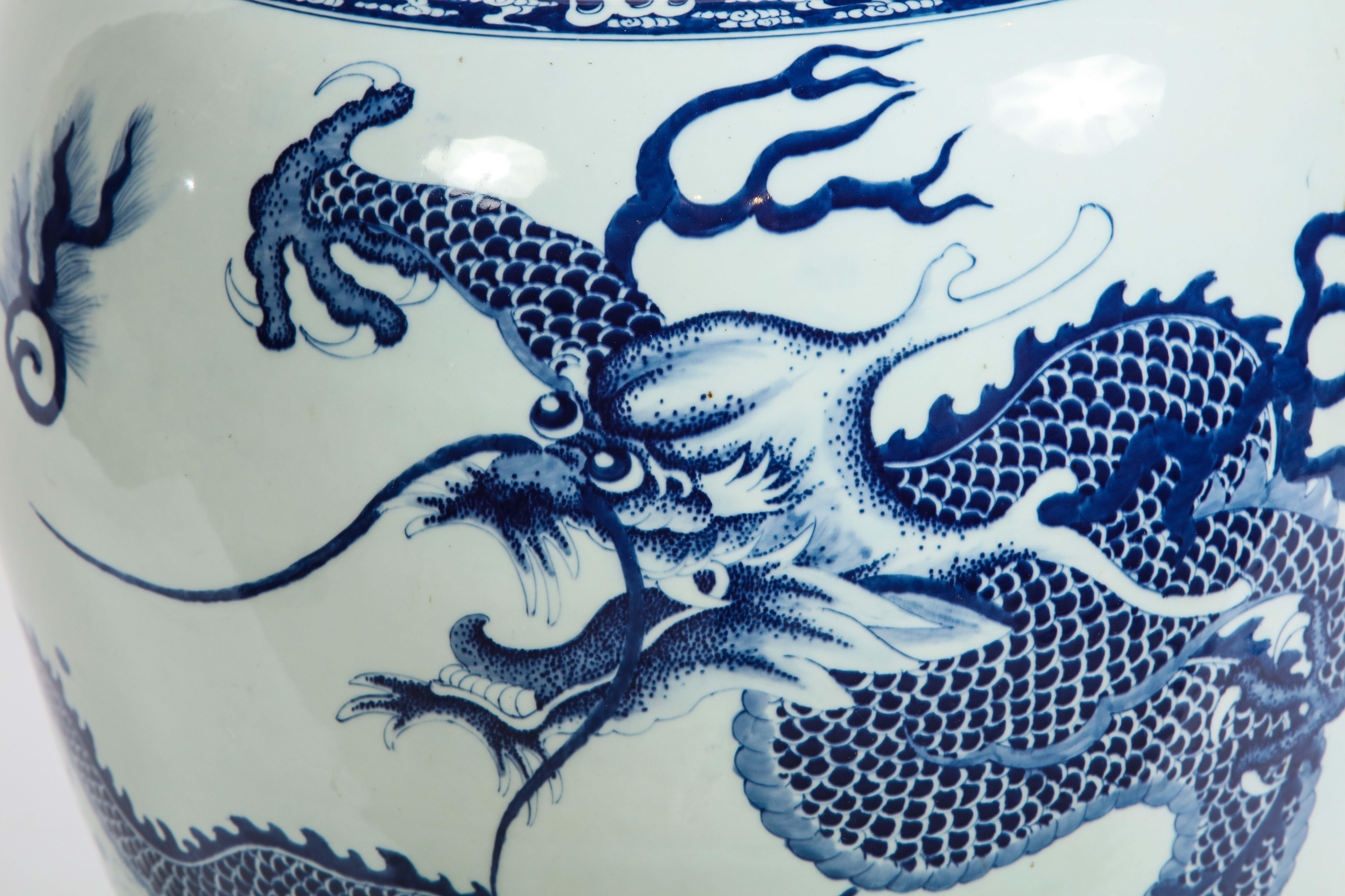 19th Century Chinese Blue and White Porcelain Dragon & Koi Design Painted Jardiniere/Planter