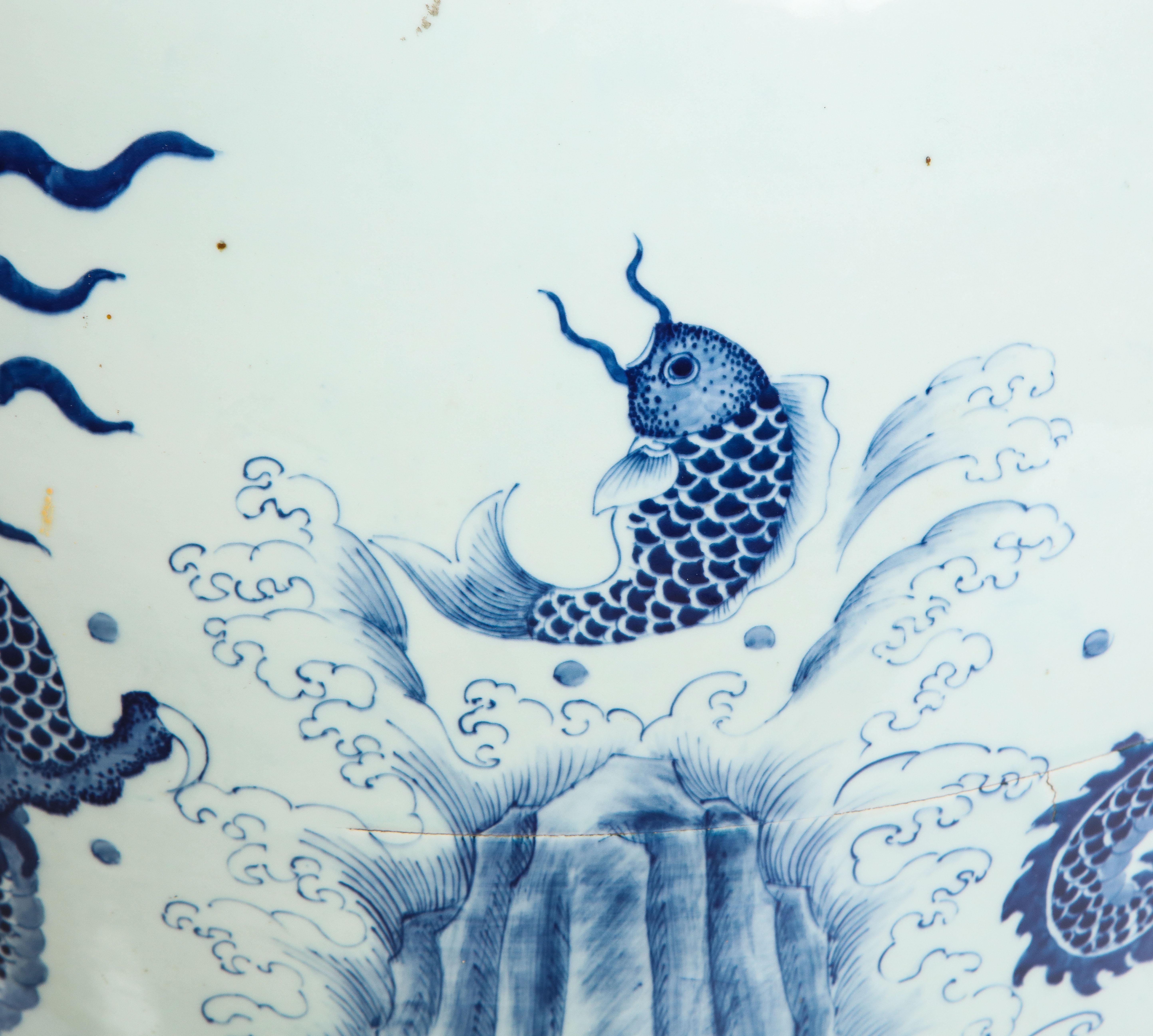 Chinese Blue and White Porcelain Dragon & Koi Design Painted Jardiniere/Planter 1