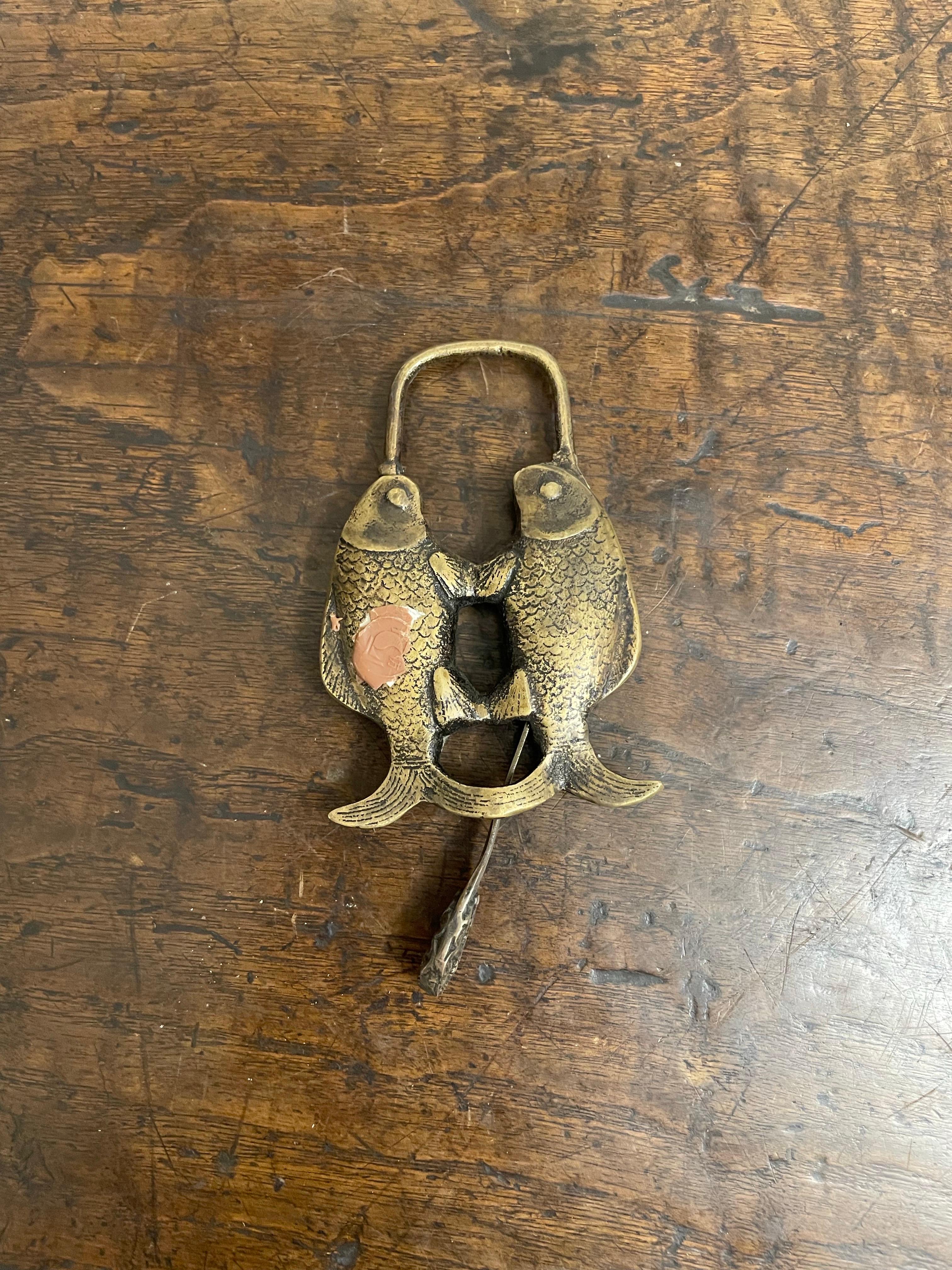 Hand-Crafted A Chinese Brass Double Fish Shaped Lock with Key, Early 20th Century For Sale