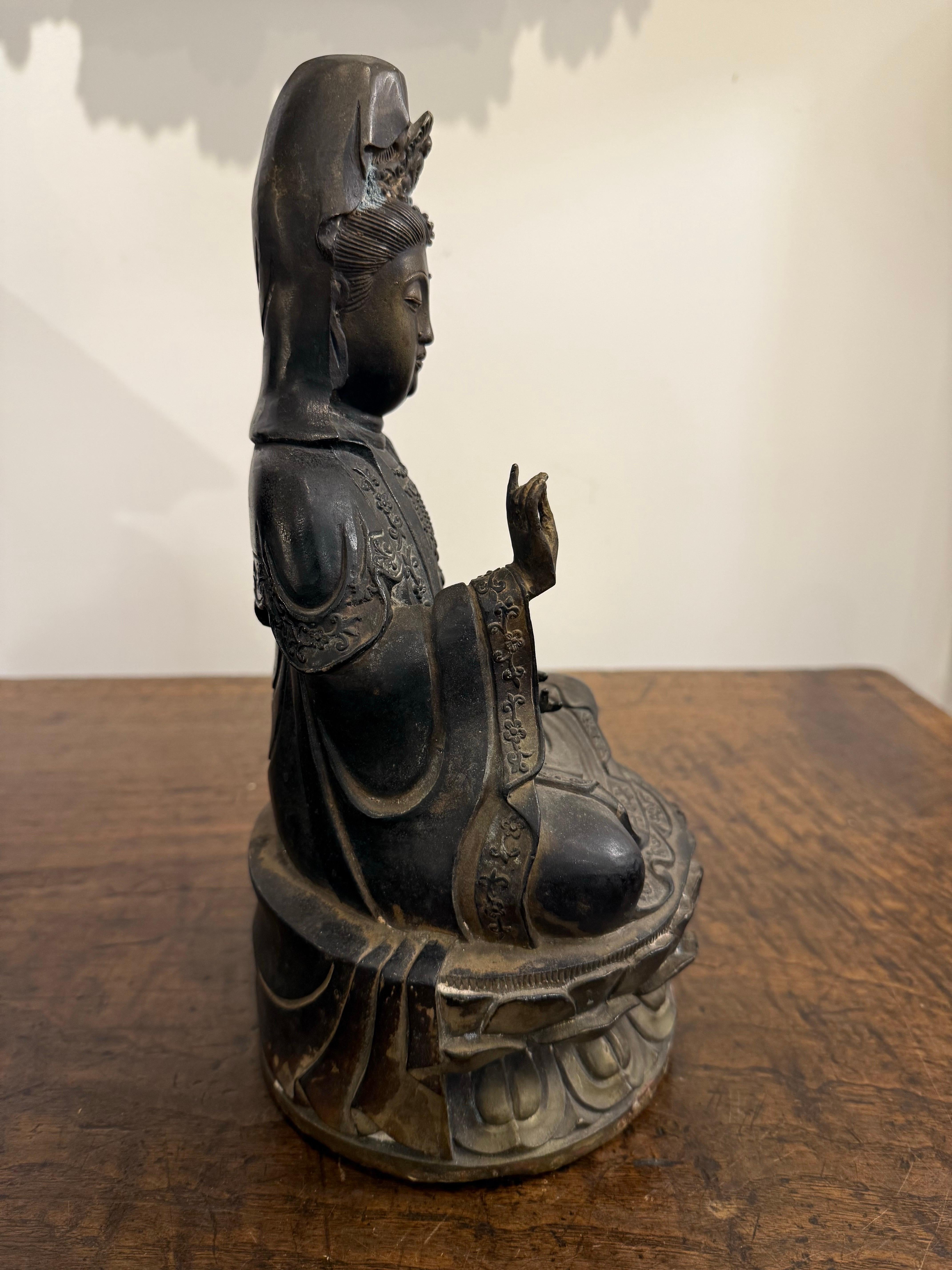A Chinese Bronze Seated Guanyin with Mark, 19th Century For Sale 6