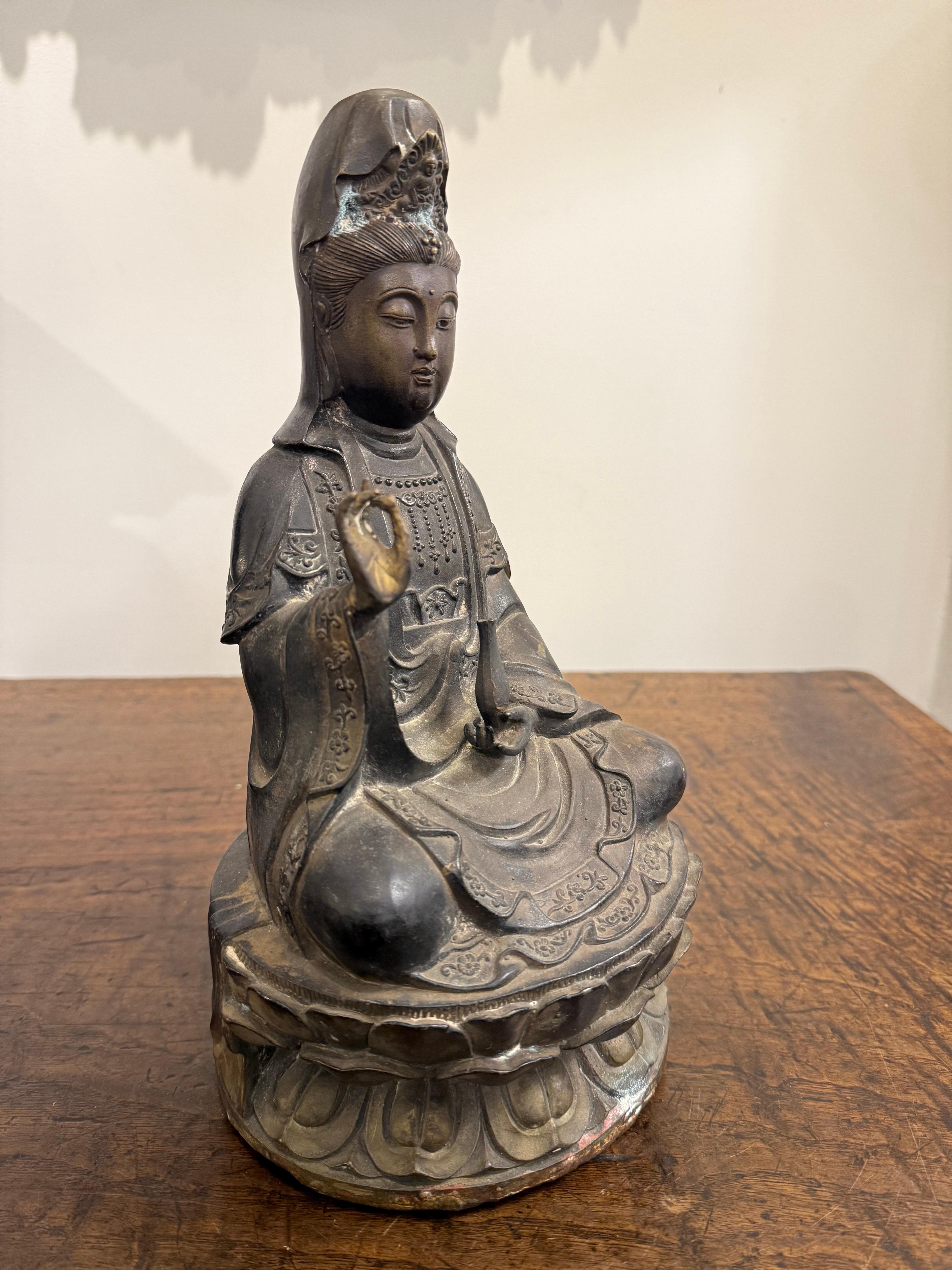 A Chinese Bronze Seated Guanyin with Mark, 19th Century For Sale 7
