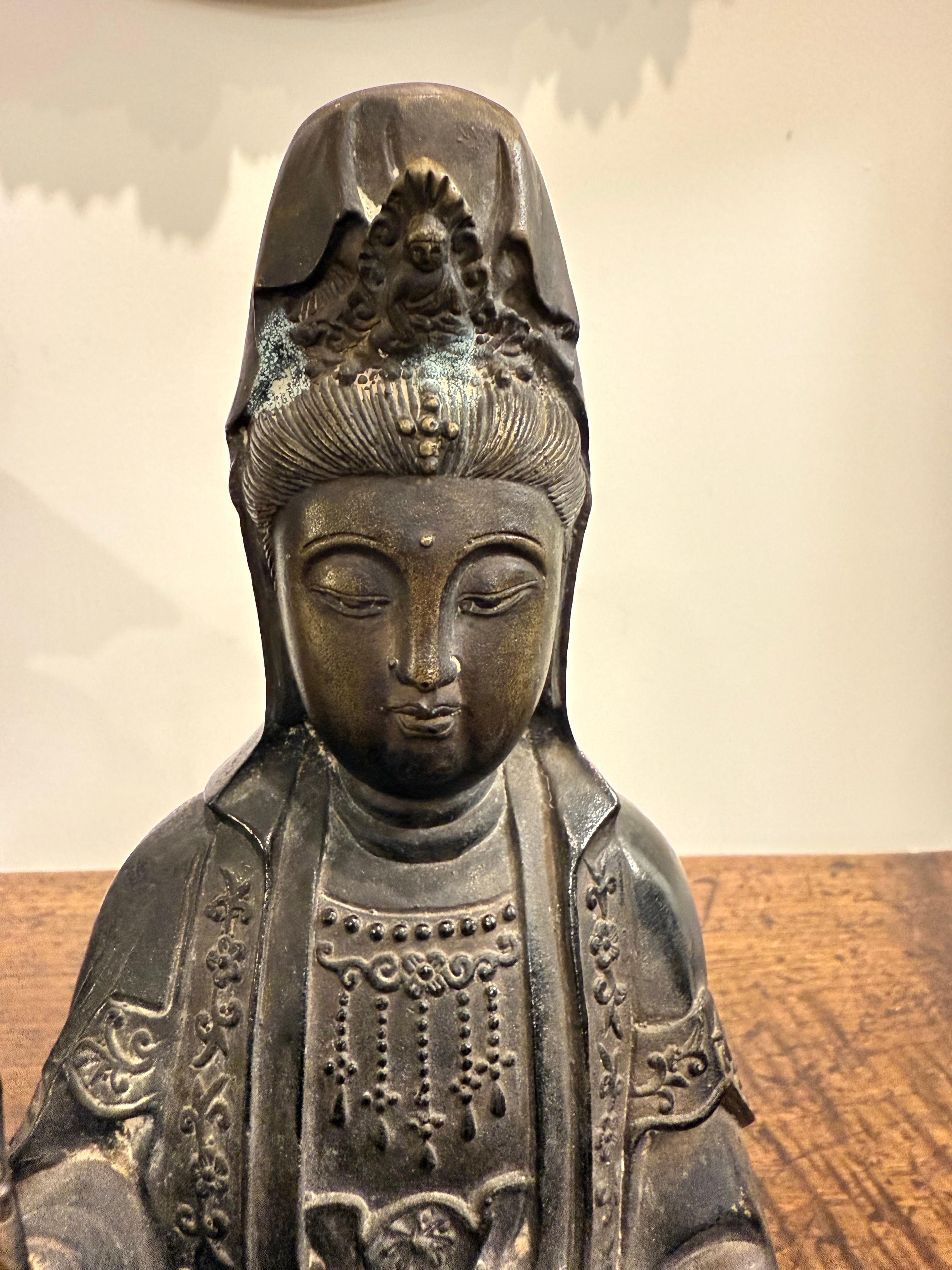 Qing A Chinese Bronze Seated Guanyin with Mark, 19th Century For Sale