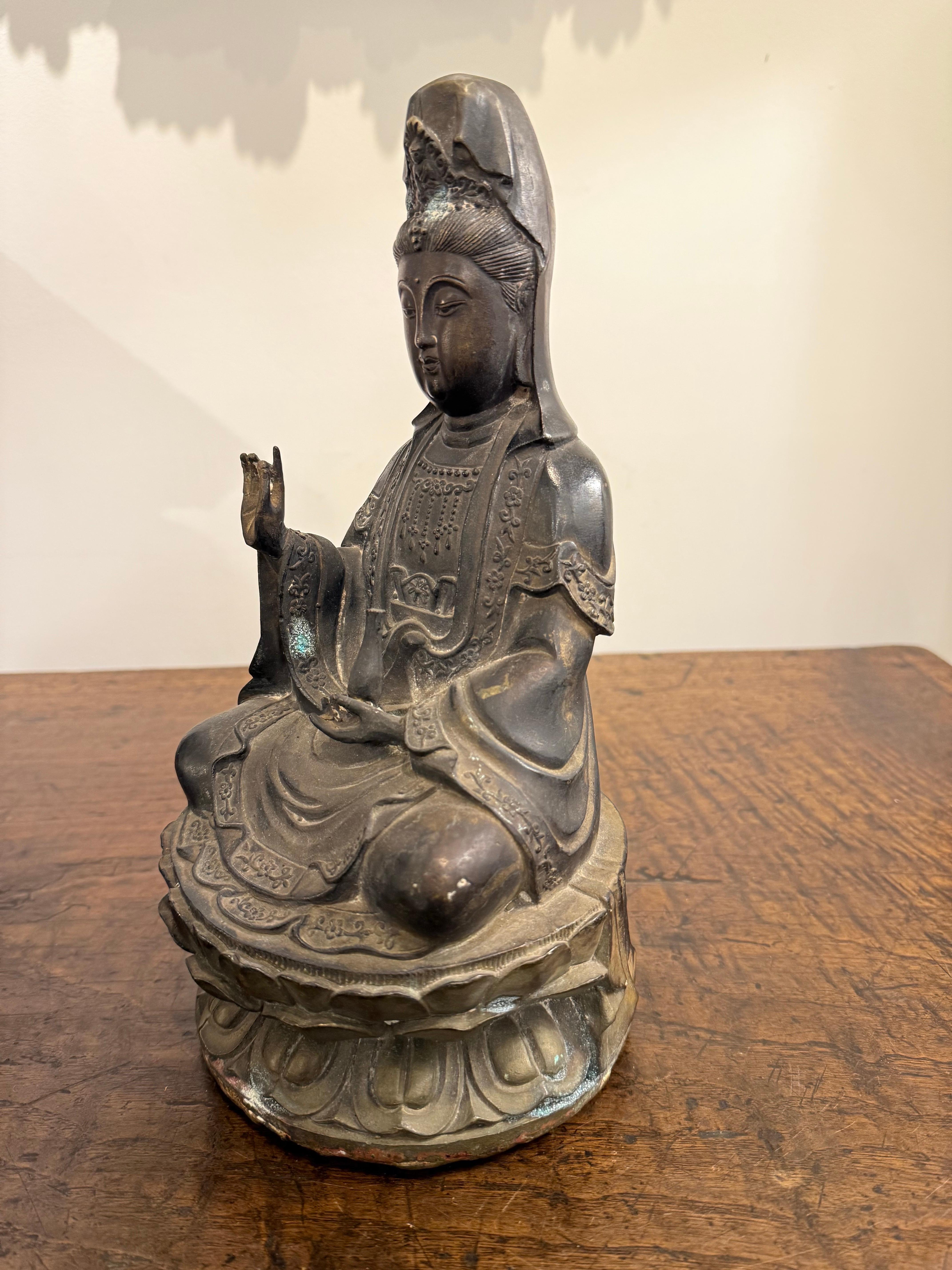 A Chinese Bronze Seated Guanyin with Mark, 19th Century For Sale 1