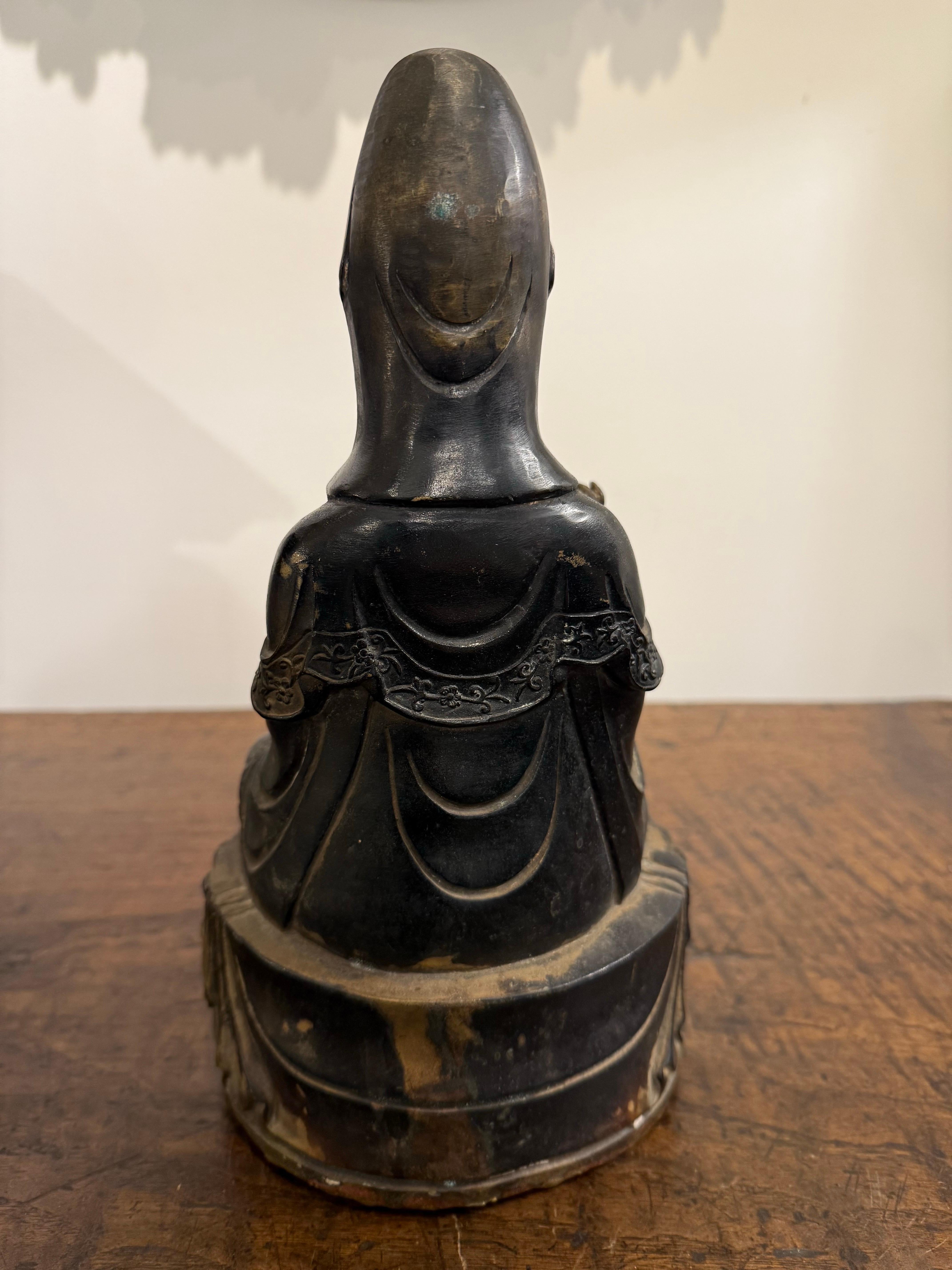 A Chinese Bronze Seated Guanyin with Mark, 19th Century For Sale 4