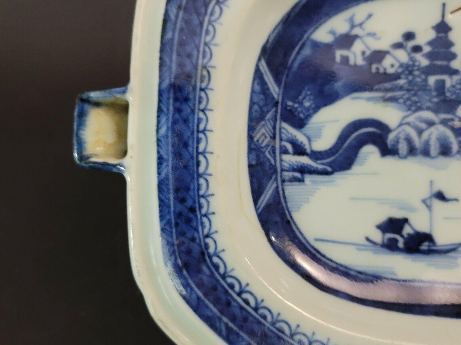 19th Century Chinese Canton Blue and White Porcelain Warming Plate B-007 For Sale