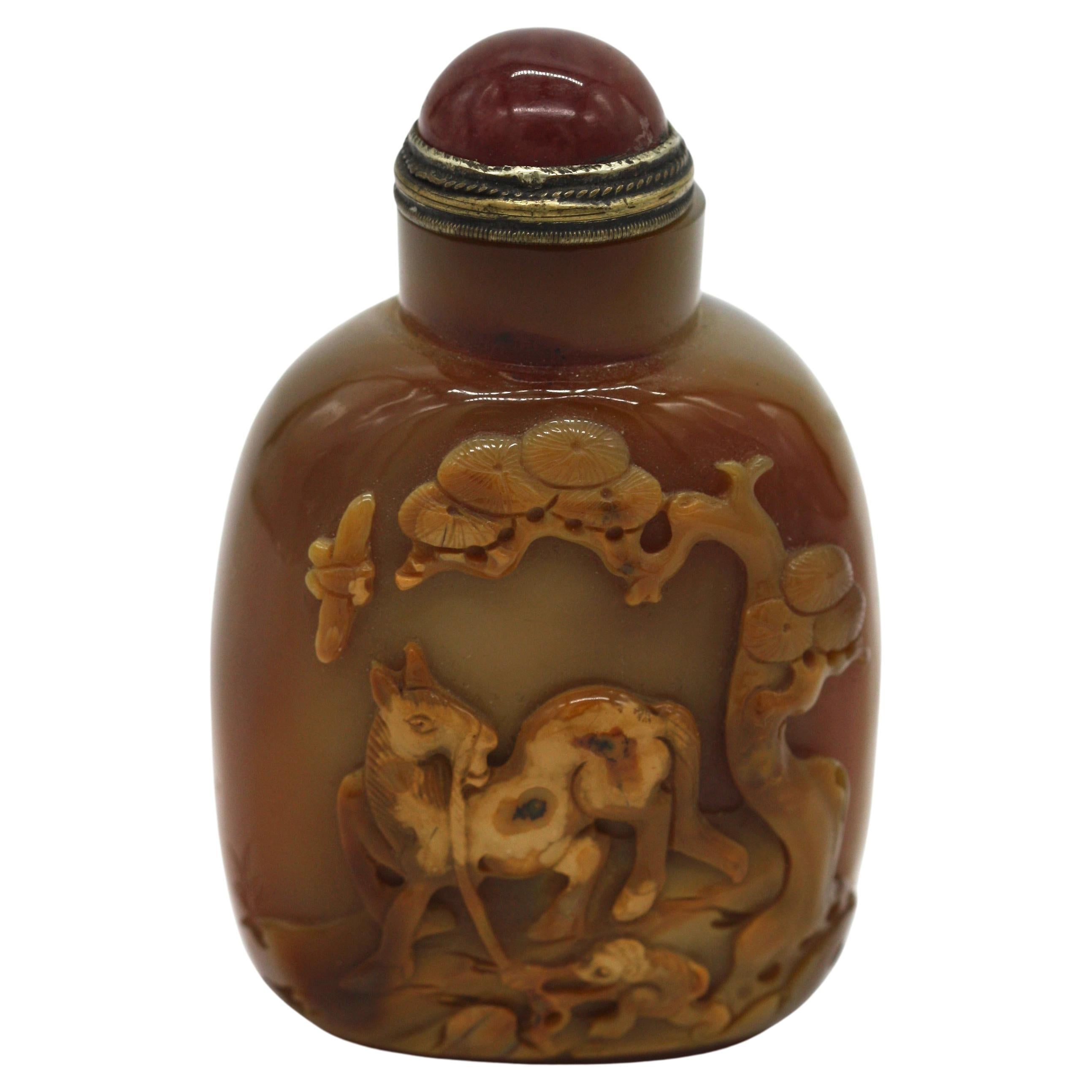 Chinese Carved Agate "Horse and Monkey" Snuff Bottle