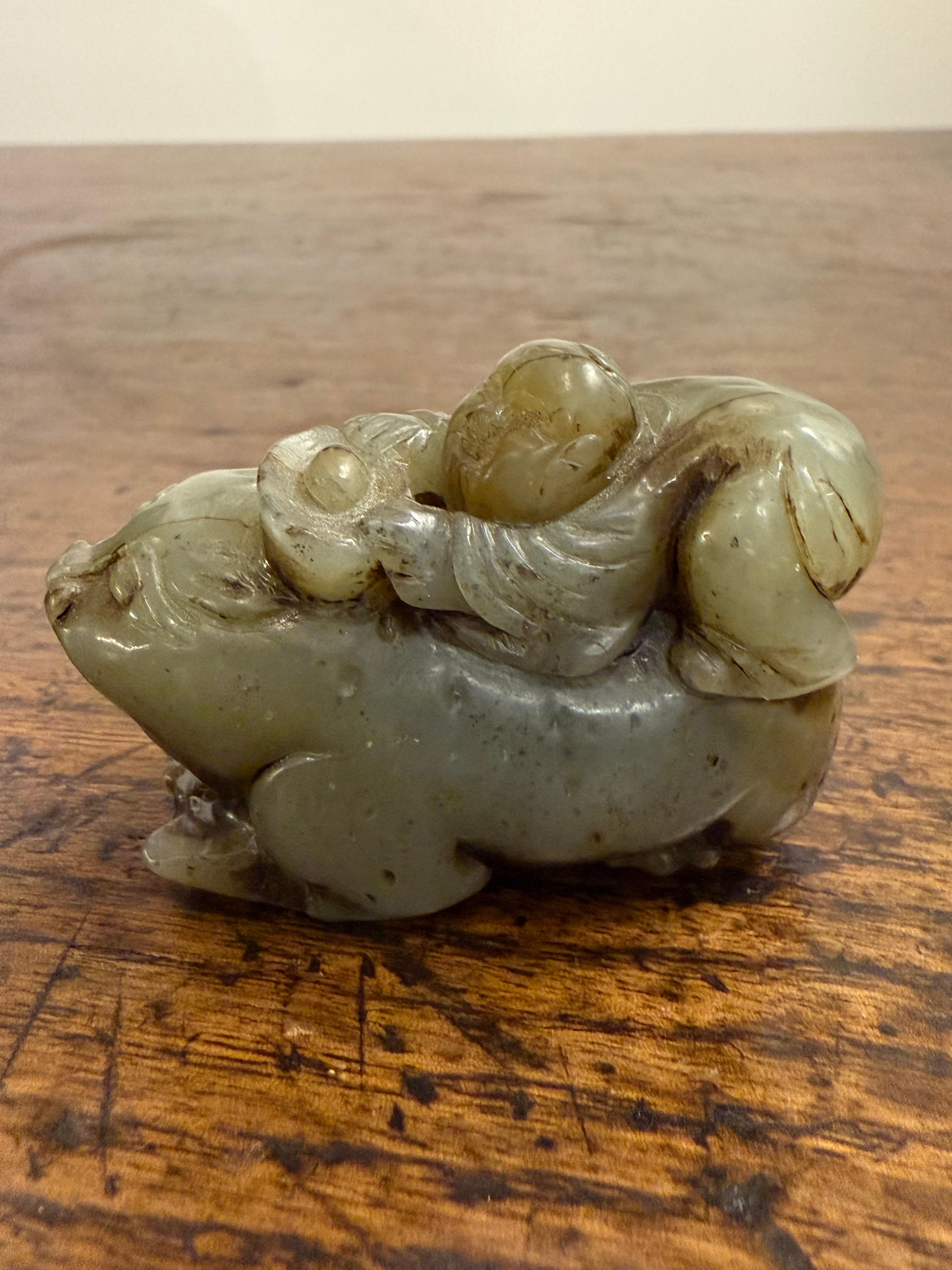 A Chinese Carved Celadon Jade of a Boy with a Buffalo, Early 20th Century In condizioni buone in vendita a ARMADALE, VIC