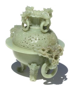 Chinese Carved Celadon Jade Tripod Incense Burner and Cover