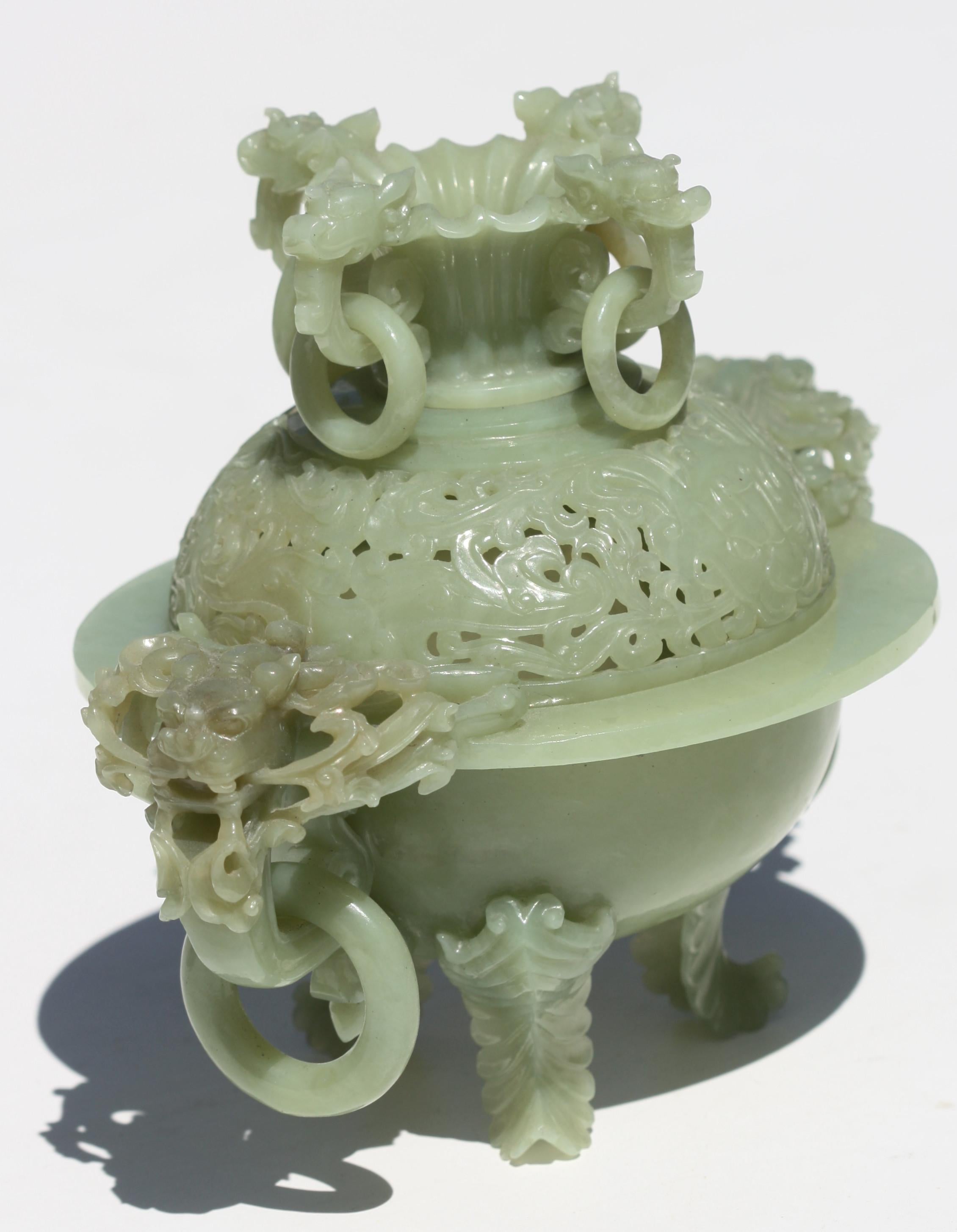 Chinese Carved Celadon Jade Tripod Incense Burner and Cover In Good Condition In West Palm Beach, FL
