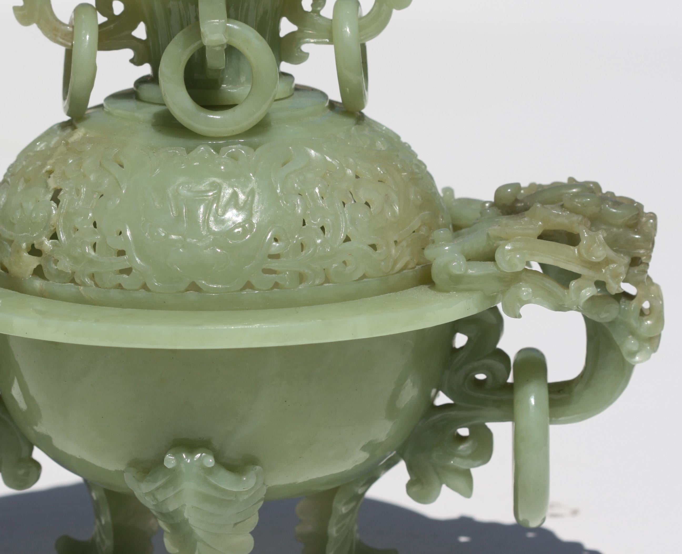 20th Century Chinese Carved Celadon Jade Tripod Incense Burner and Cover