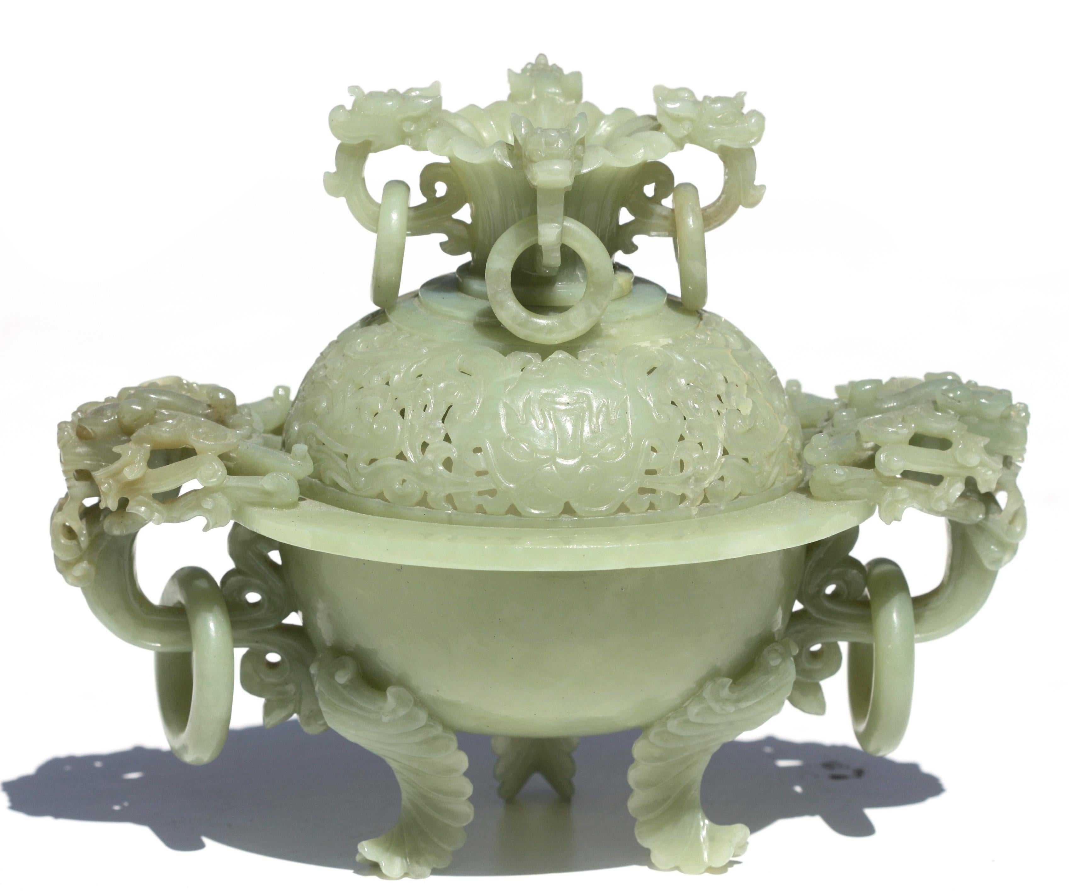 Chinese Carved Celadon Jade Tripod Incense Burner and Cover 1