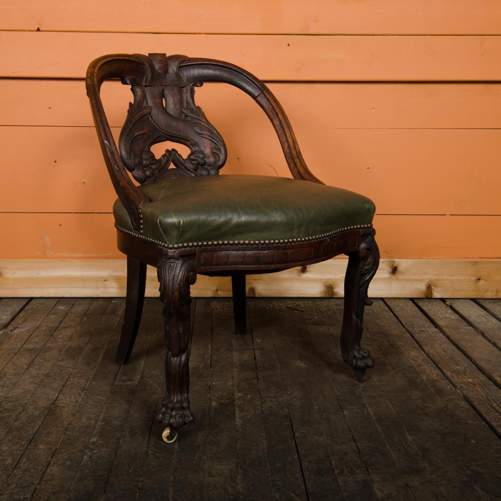 19th Century Chinese Carved Dragon Chair with Leather Seat, Nineteenth century.  For Sale