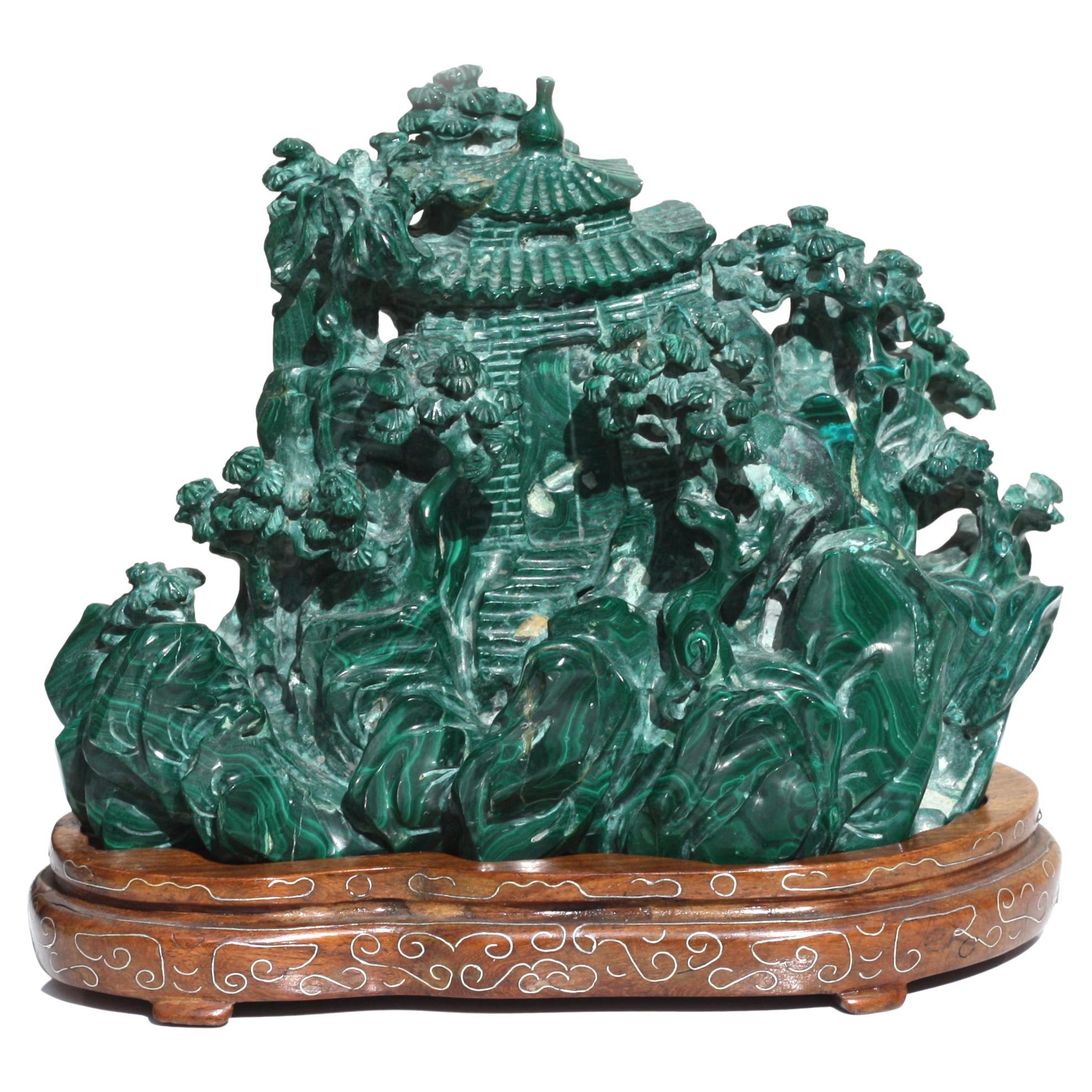 Chinese Carved Malachite "Pagoda" Mountain Scene For Sale