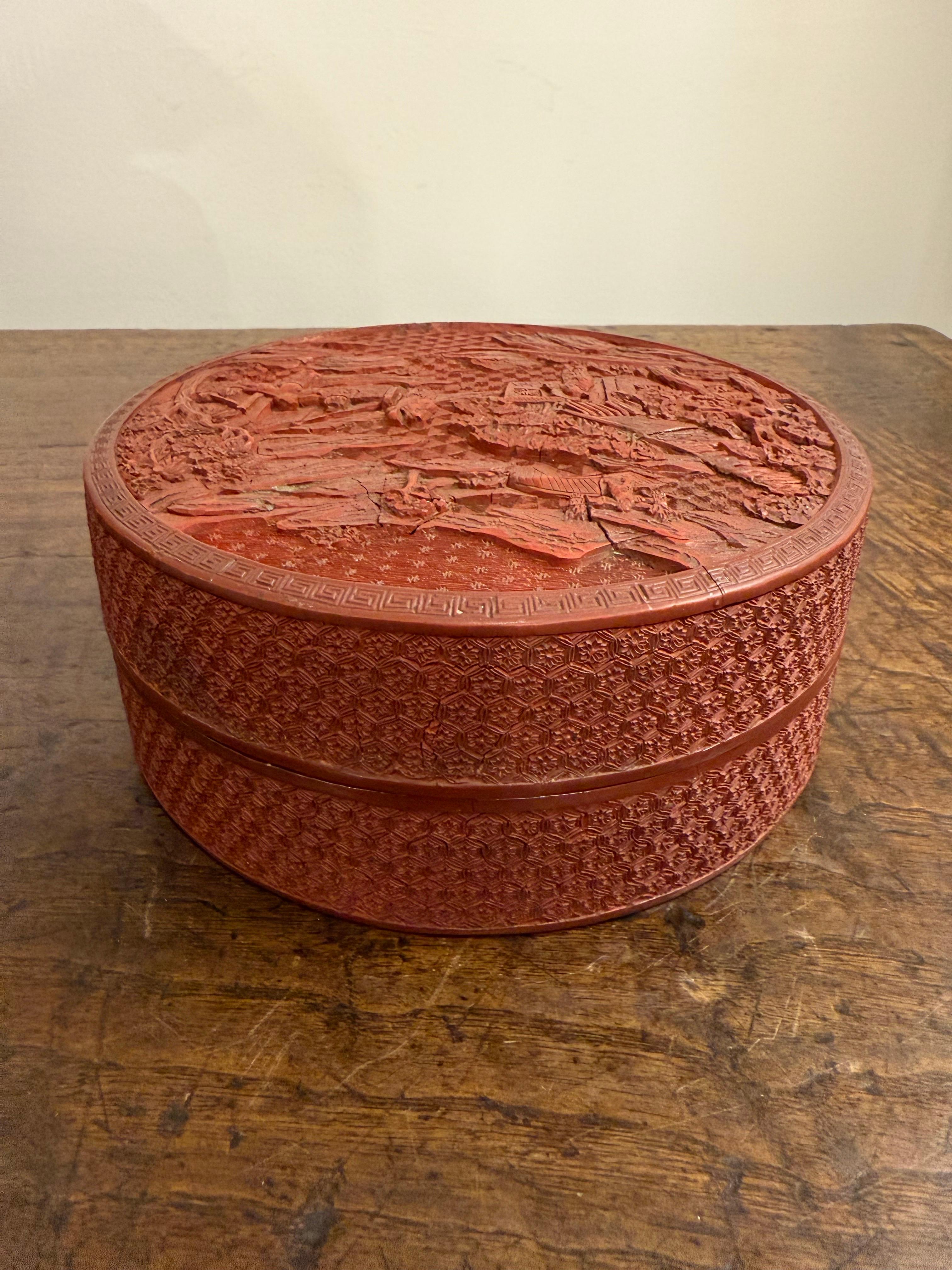 A Chinese Carved Red Lacquer Cinnabar Box, 19th Century For Sale 4