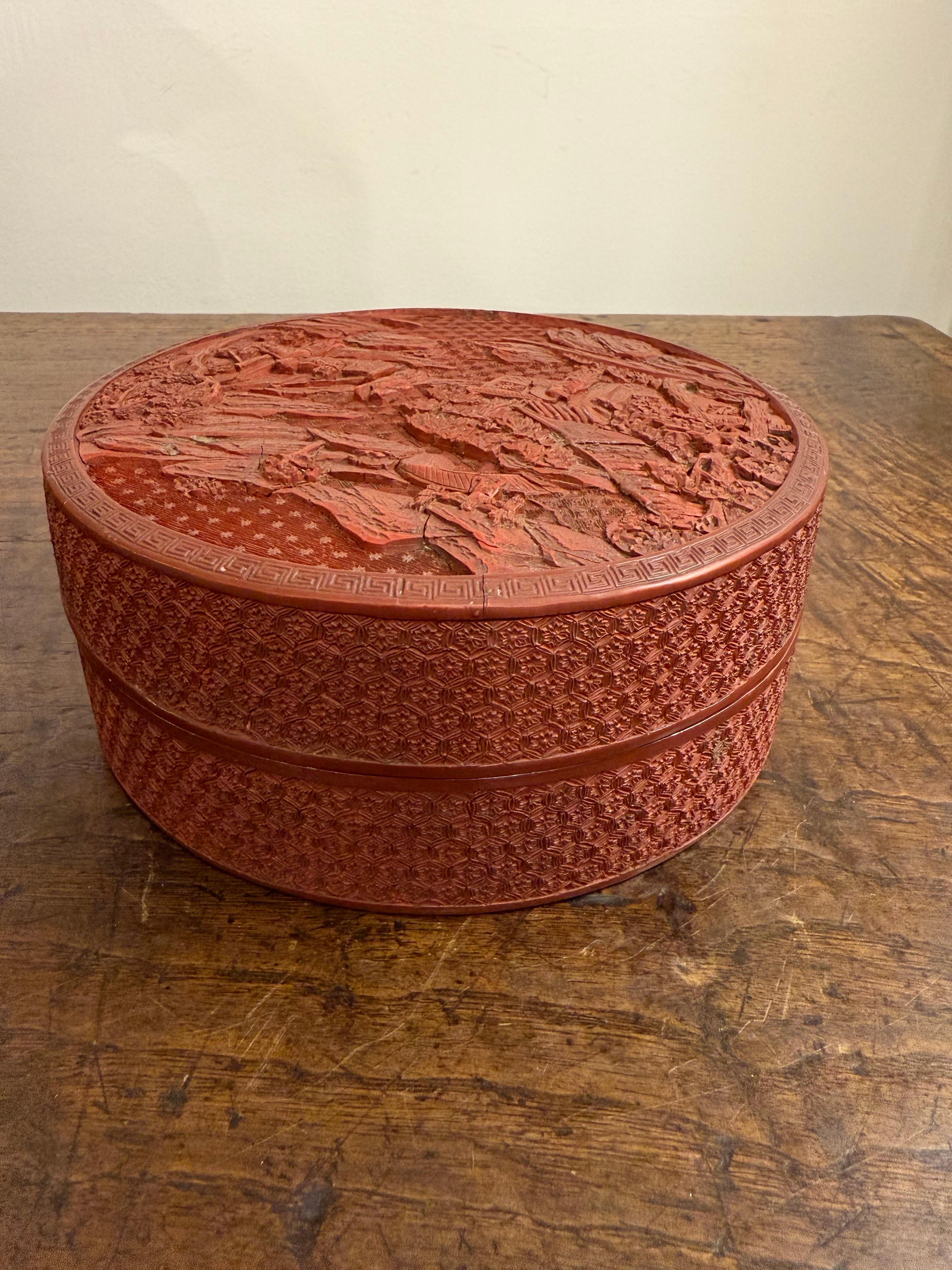 A Chinese Carved Red Lacquer Cinnabar Box, 19th Century For Sale 5