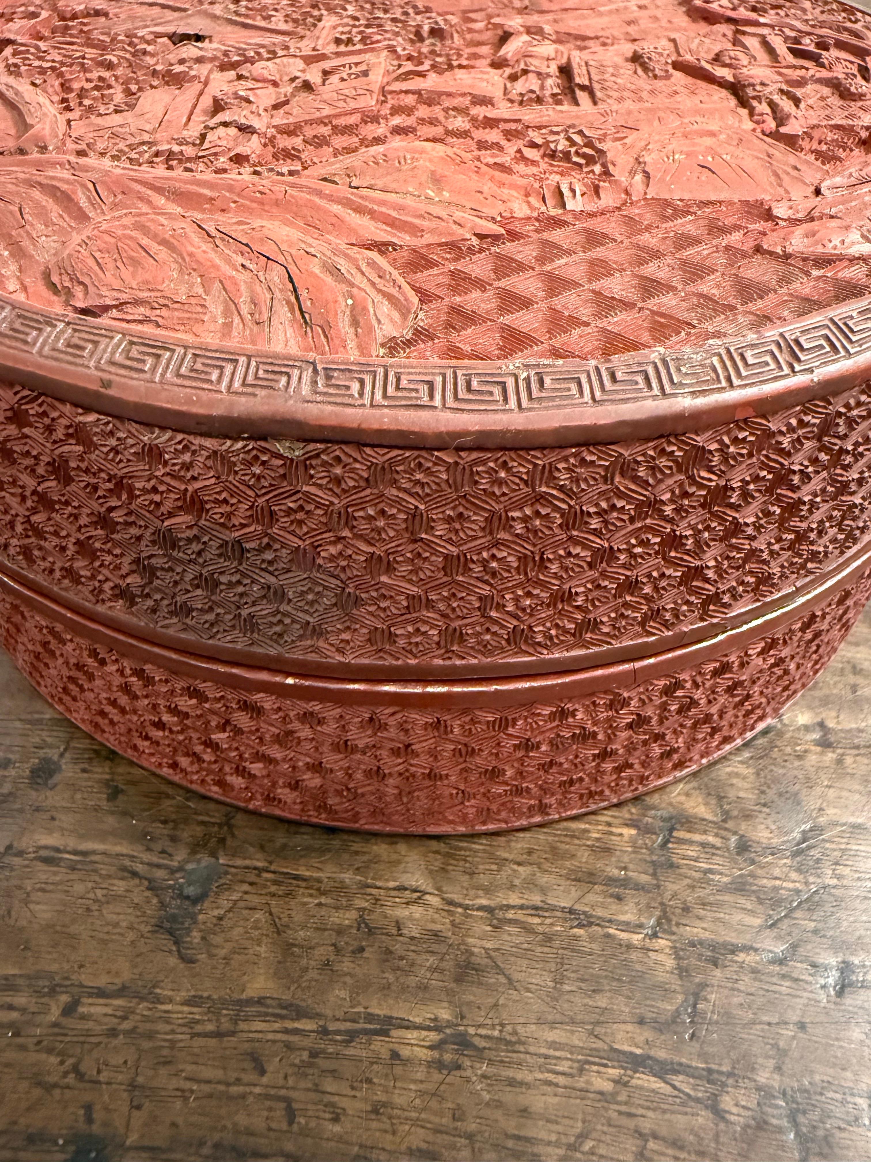 A Chinese Carved Red Lacquer Cinnabar Box, 19th Century For Sale 8
