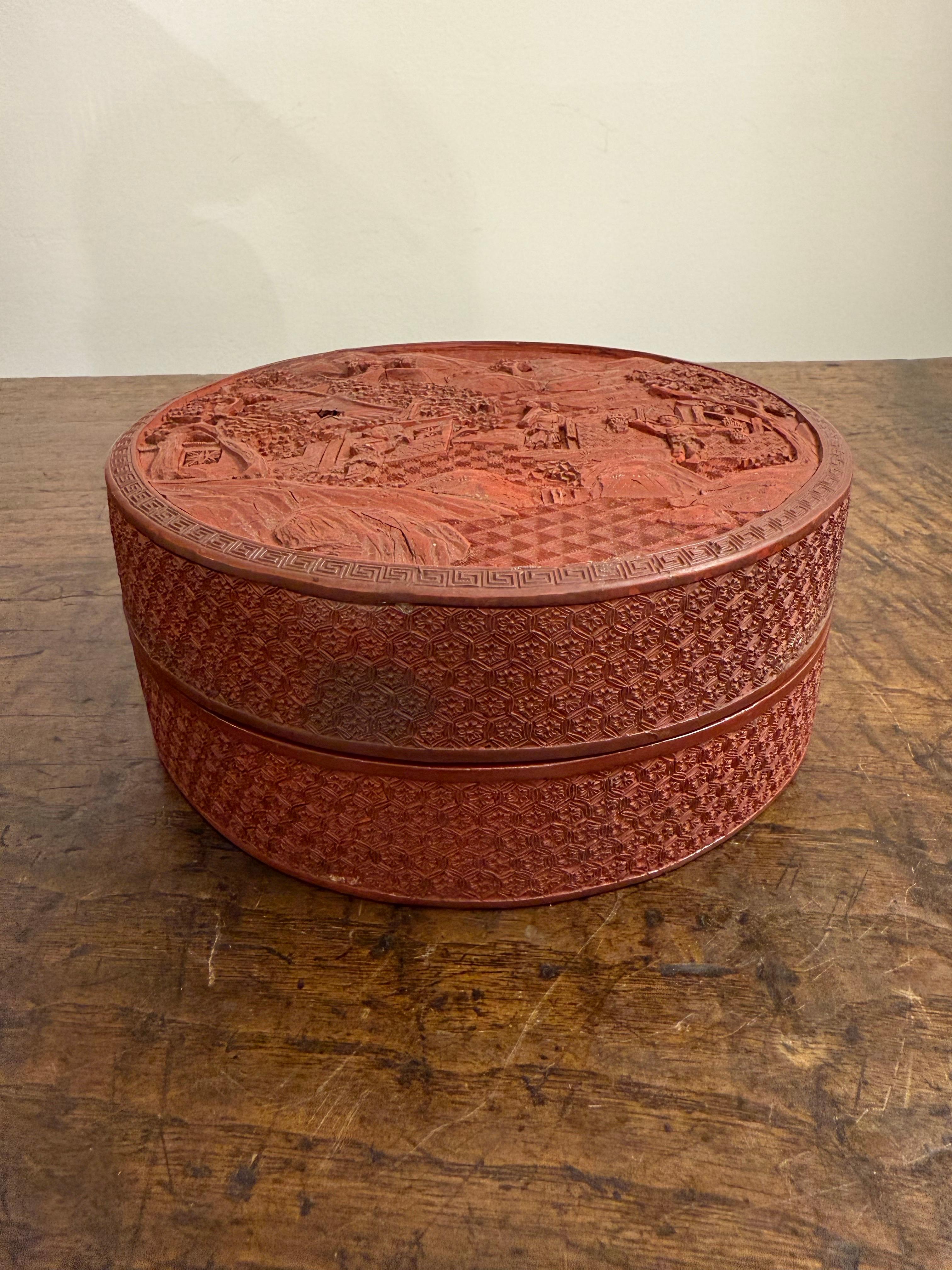 A Chinese Carved Red Lacquer Cinnabar Box, 19th Century

Provenance: Private Australian Collection.

Description:
Cinnabar is a red mineral composed of mercury sulfide, which is used as a pigment. The technique of carving into thick layers of