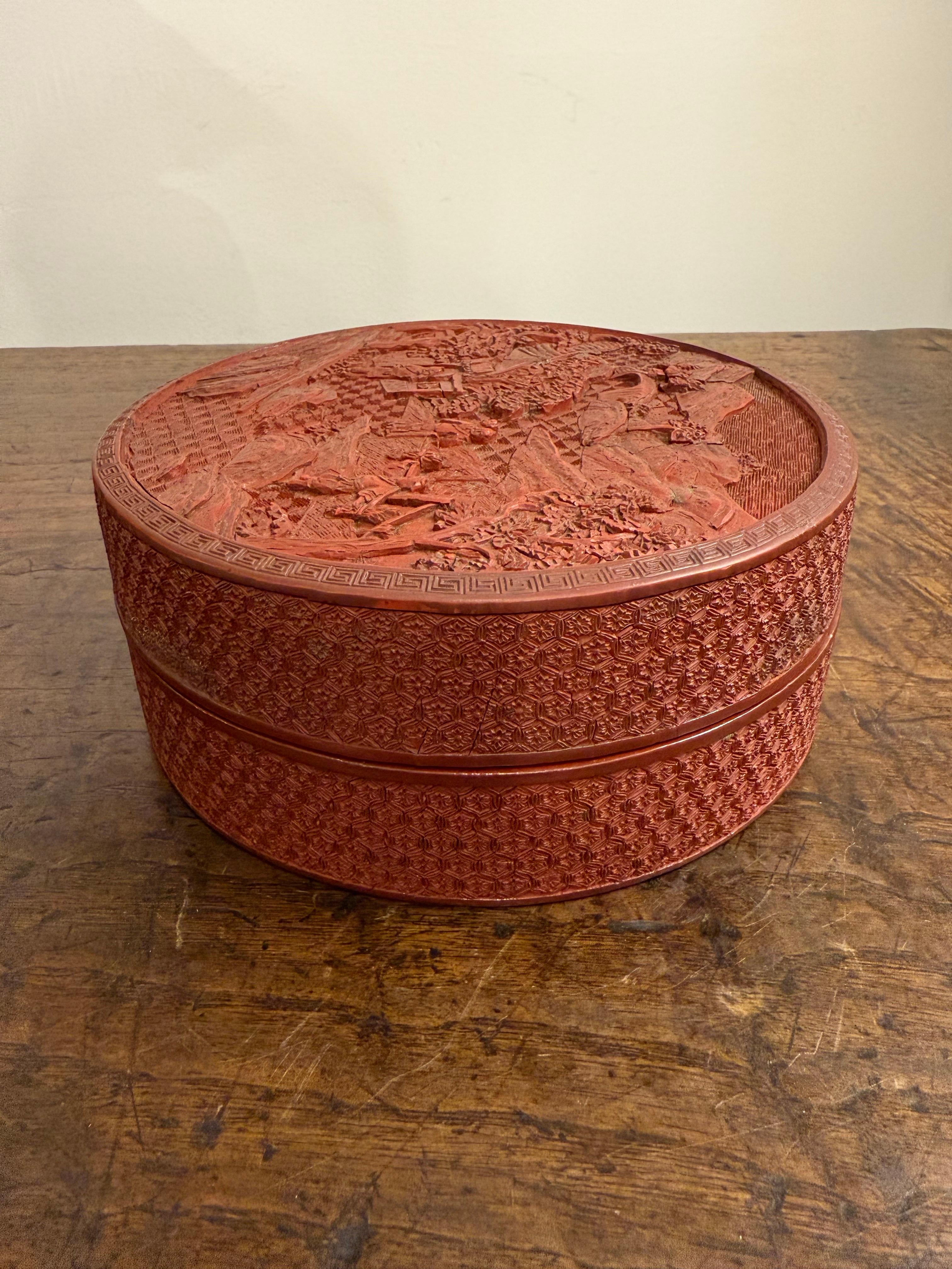 A Chinese Carved Red Lacquer Cinnabar Box, 19th Century For Sale 1