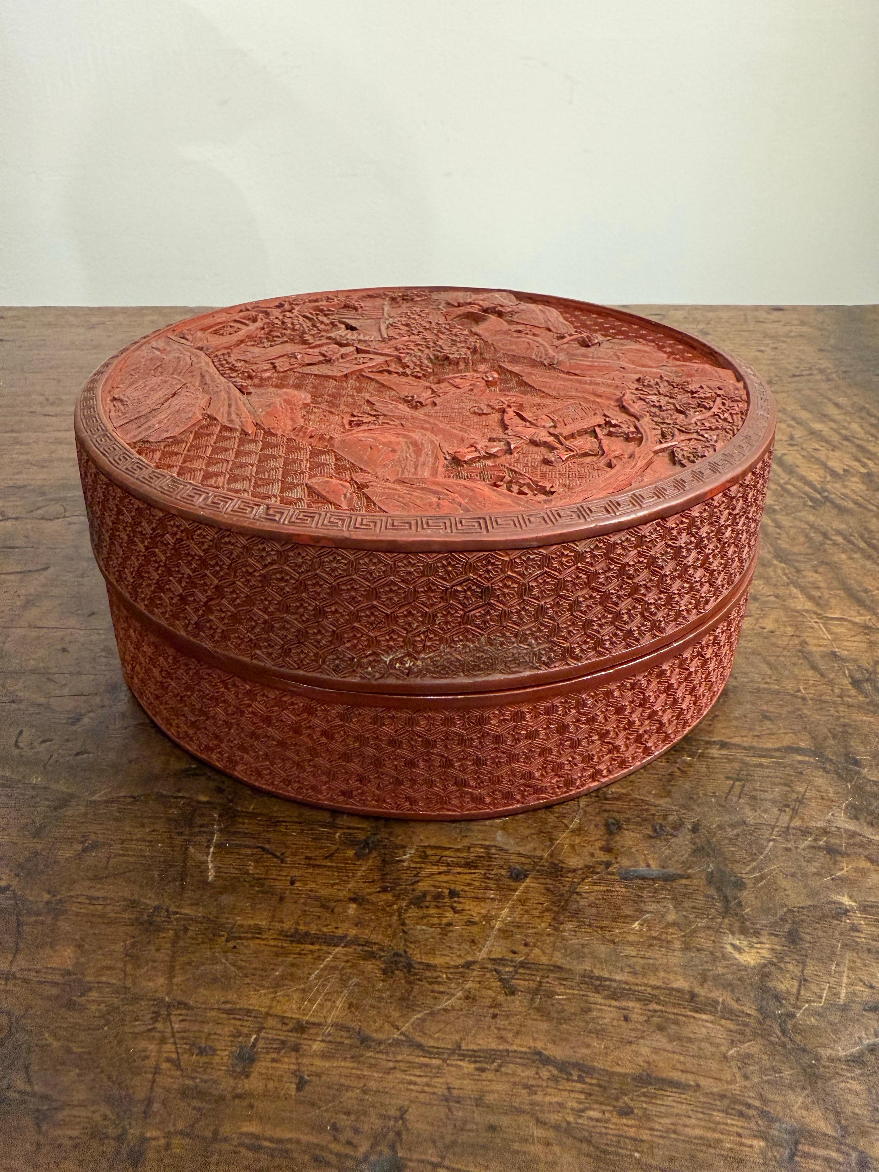 A Chinese Carved Red Lacquer Cinnabar Box, 19th Century For Sale 2