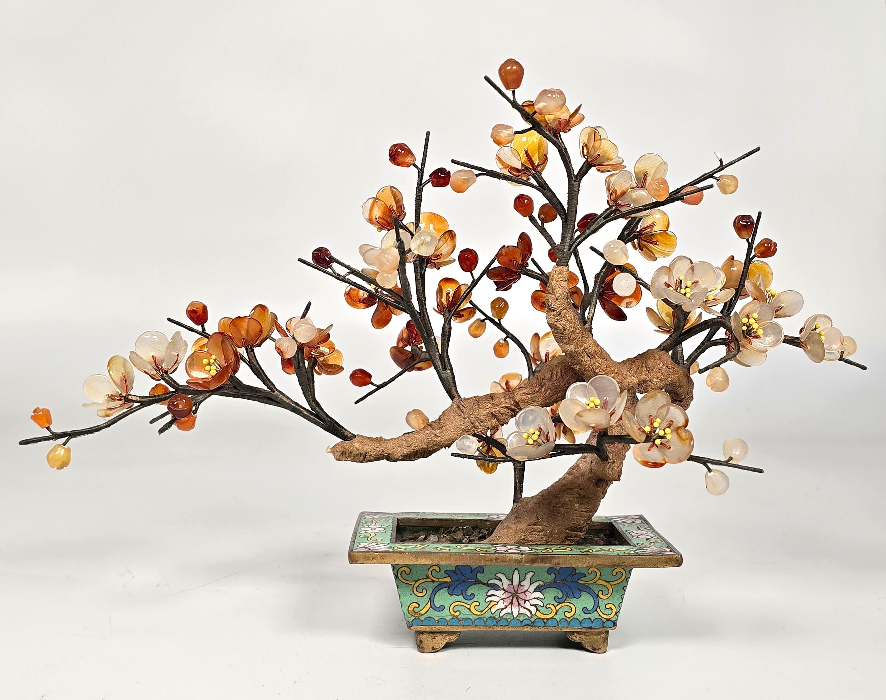 A  Bonsaï chinois en pierre dure cloisonnée et sculptée, Prunus circa 1920 en vente 9