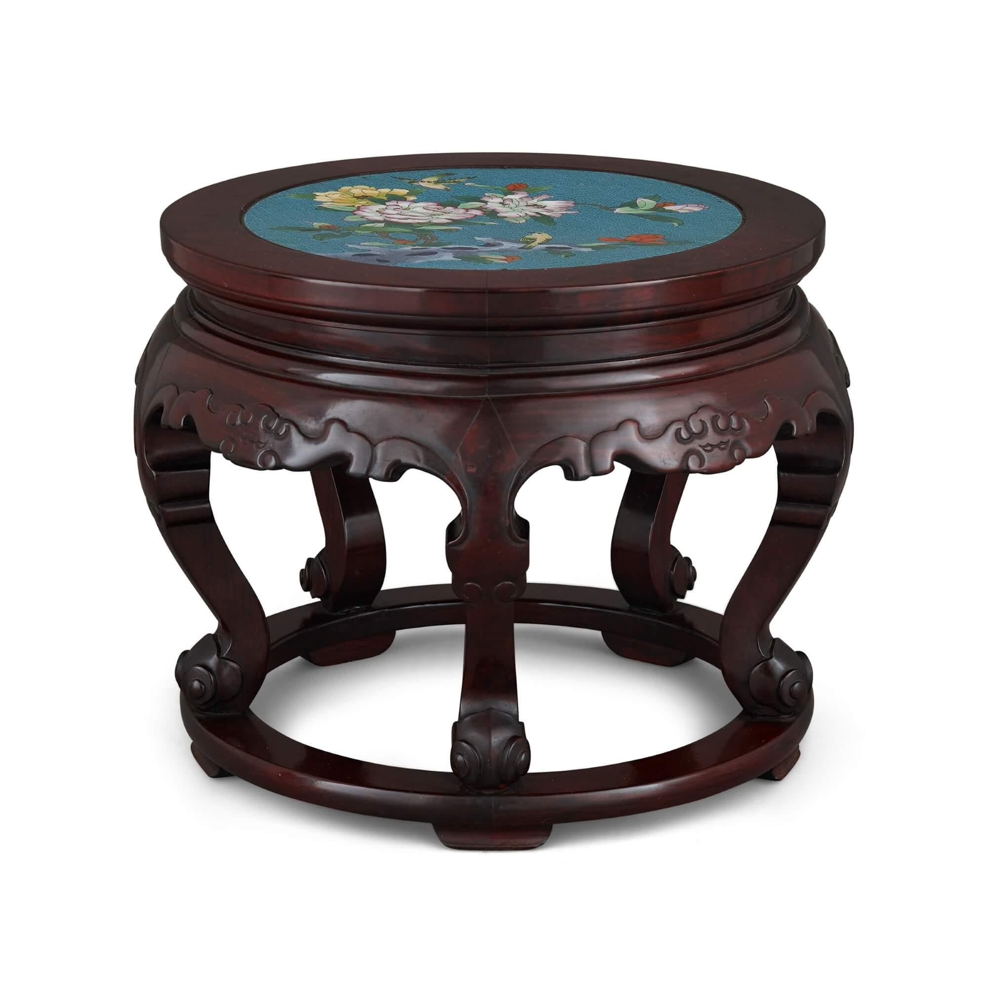 Chinese Export Chinese Cloisonné Enamel Inset Circular Carved Hardwood Pedestal For Sale